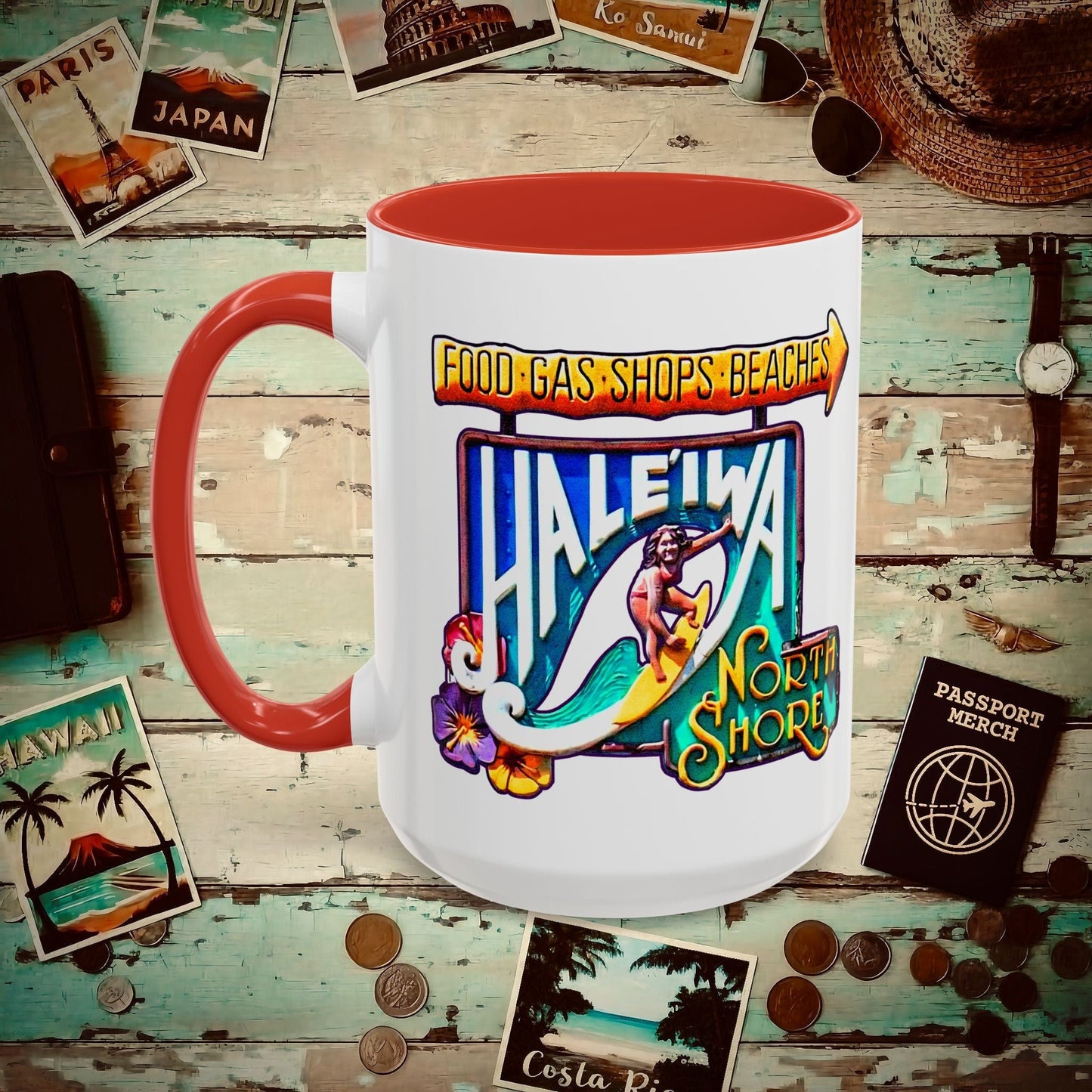 Signs of Wanderlust, Hale'iwa (North+South) Oahu, Hawaii 15oz Mug Red / 15oz