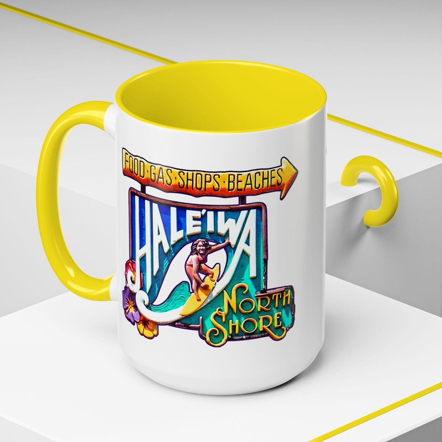 Signs of Wanderlust, Hale'iwa (North+South) Oahu, Hawaii 15oz Mug Yellow / 15oz