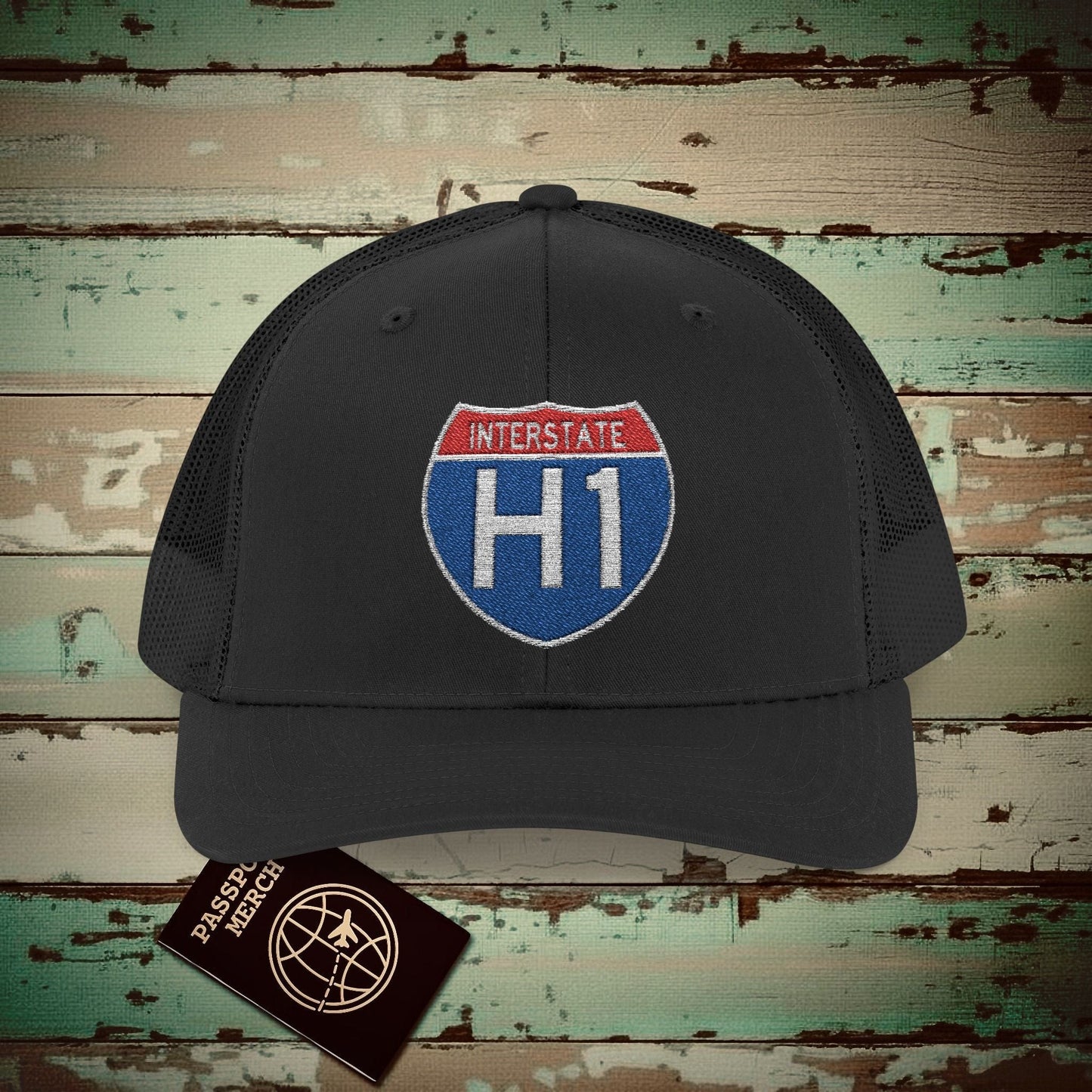 Signs of Wanderlust, Interstate H1, Hawaii Embroidered Trucker Hat Black / One size