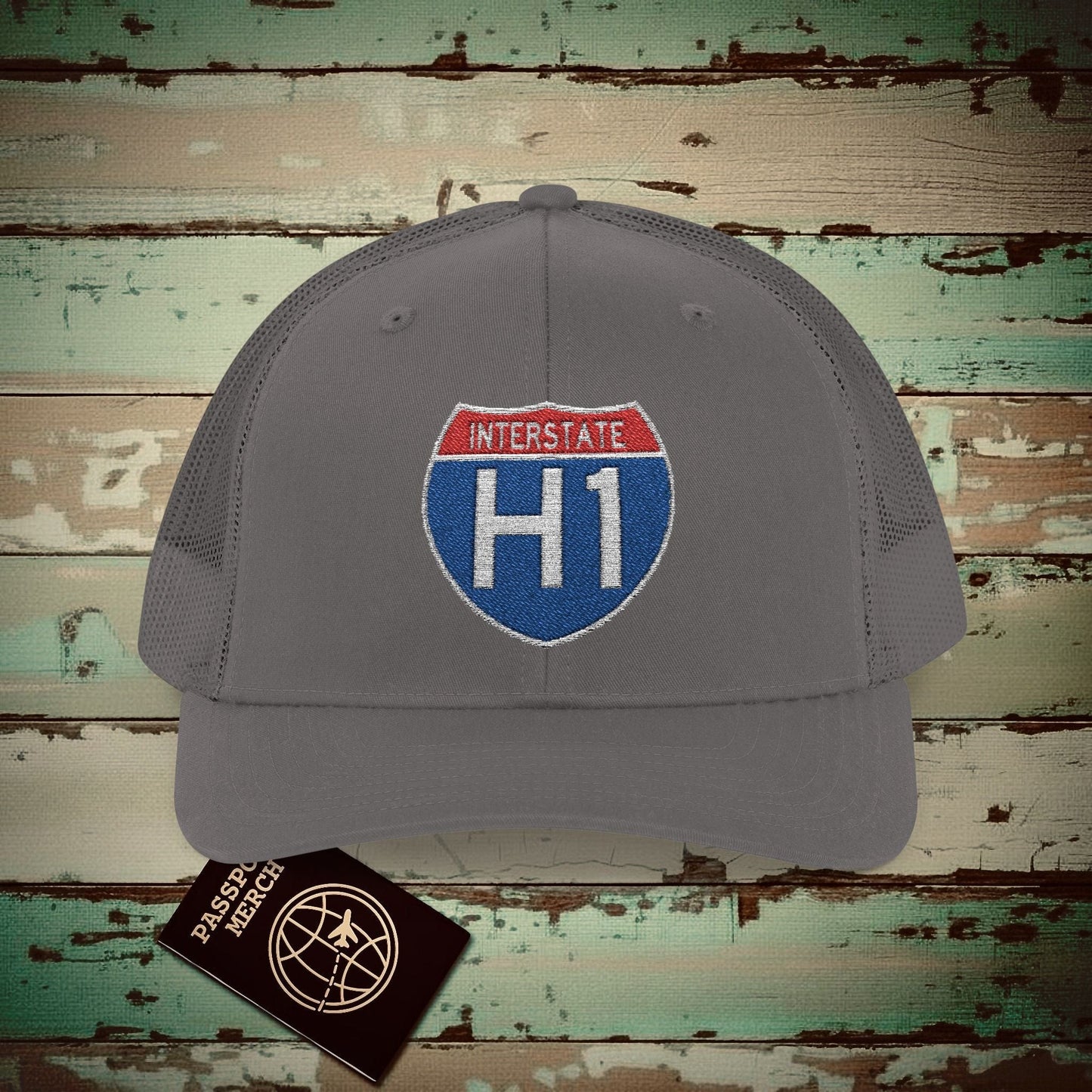 Signs of Wanderlust, Interstate H1, Hawaii Embroidered Trucker Hat Charcoal / One size