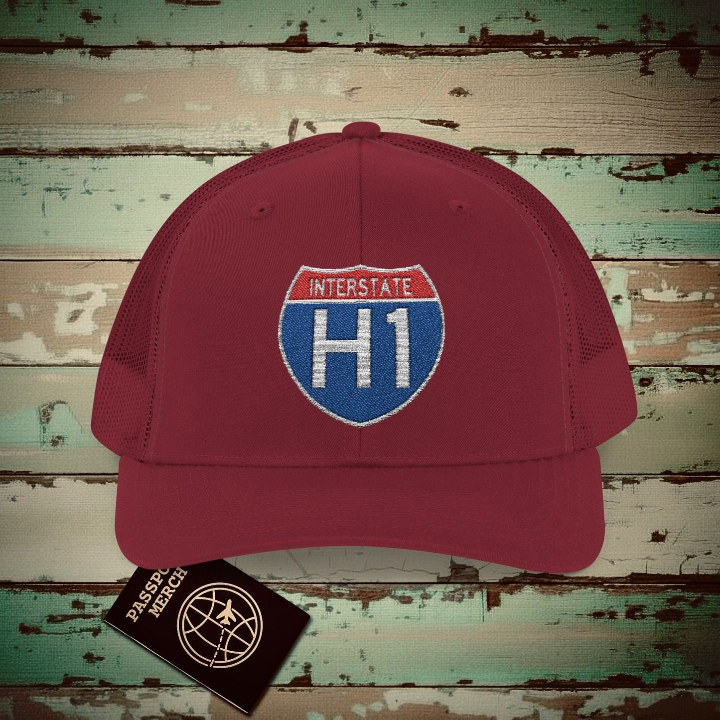 Signs of Wanderlust, Interstate H1, Hawaii Embroidered Trucker Hat Cranberry / One size