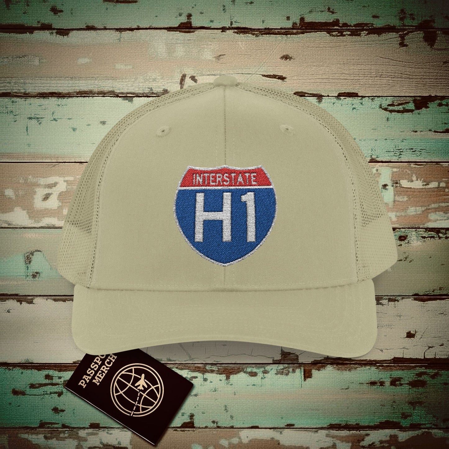 Signs of Wanderlust, Interstate H1, Hawaii Embroidered Trucker Hat Khaki / One size
