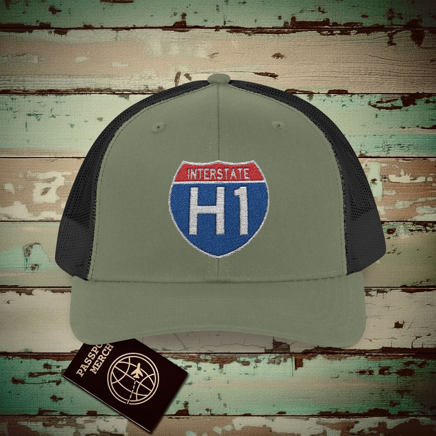 Signs of Wanderlust, Interstate H1, Hawaii Embroidered Trucker Hat Loden / Black / One size