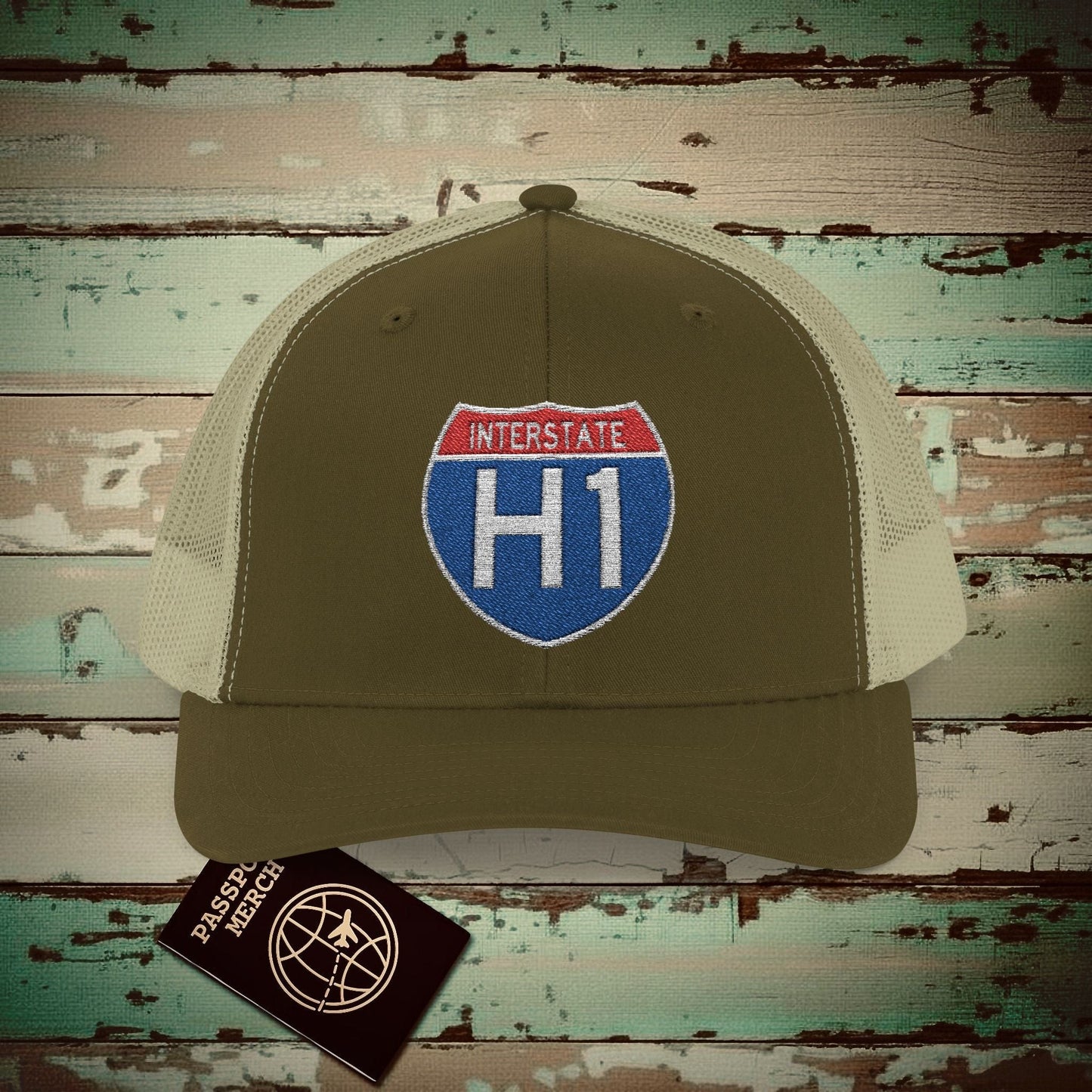 Signs of Wanderlust, Interstate H1, Hawaii Embroidered Trucker Hat Moss / Khaki / One size