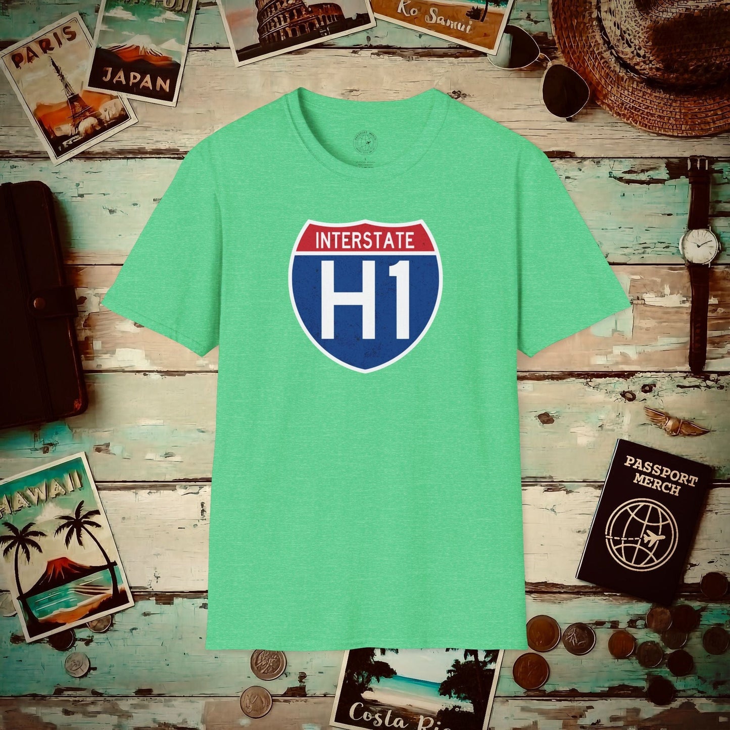 Signs of Wanderlust, Interstate H1, Hawaii T-Shirt Heather Irish Green / S