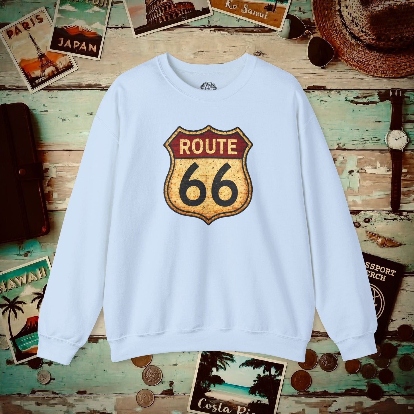 Signs of Wanderlust, Vintage Route 66, USA Crewneck Light Blue / S