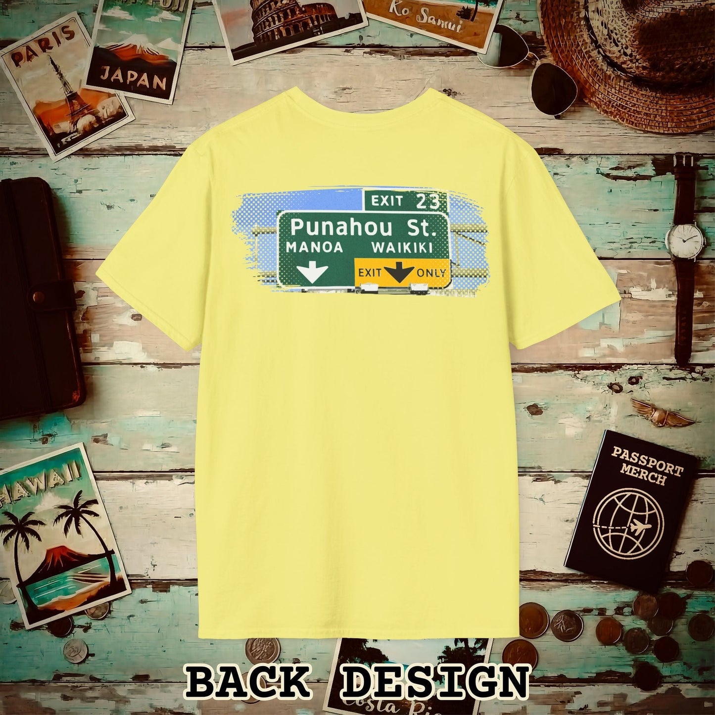 Signs of Wanderlust, Waikiki, Exit Only, Hawaii Back Print T-Shirt Cornsilk / S