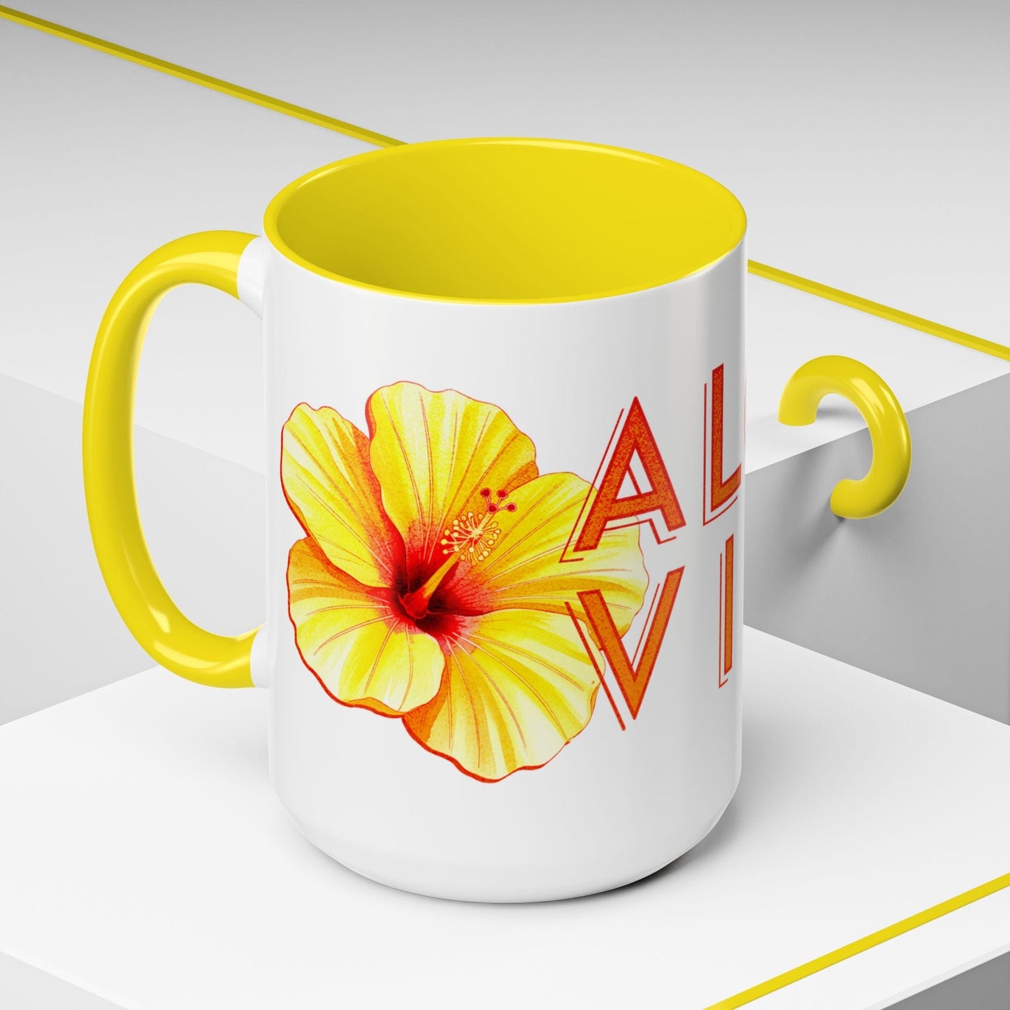 Sun-Kissed Hibiscus Aloha Vibes, Hawaii 15oz Mug Yellow / 15oz