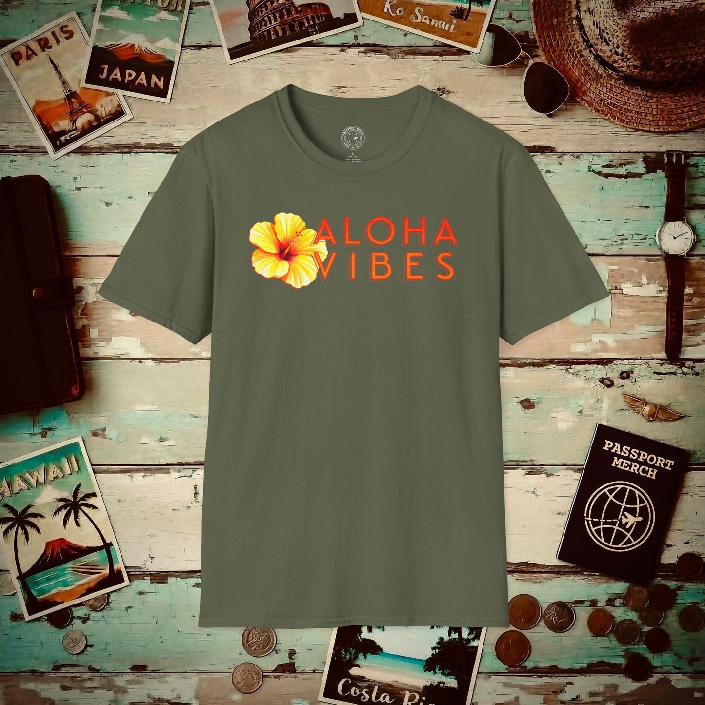 Sun-Kissed Hibiscus Aloha Vibes, Hawaii T-Shirt Military Green / S
