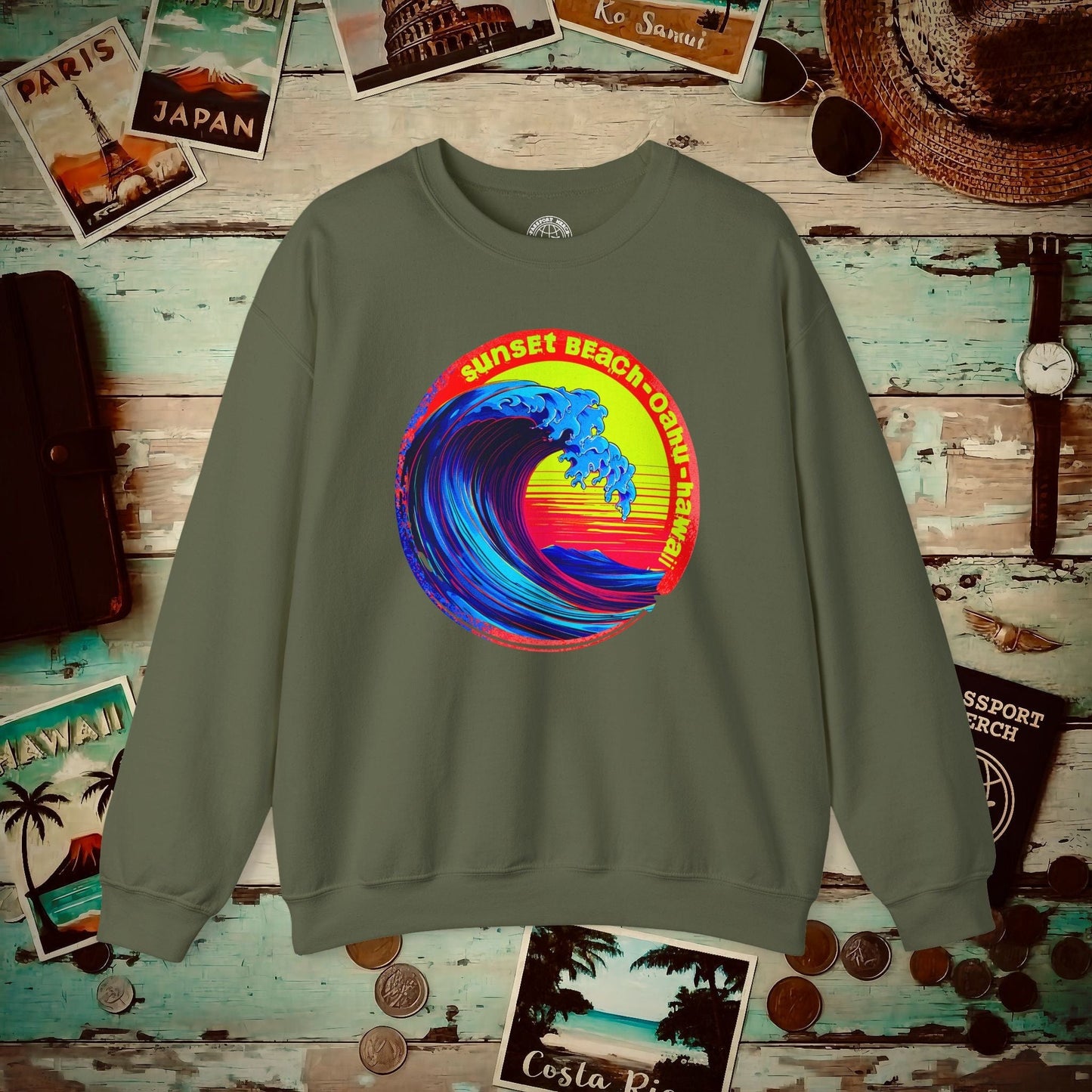 Sunset Beach Oahu, Hawaii Crewneck Military Green / S