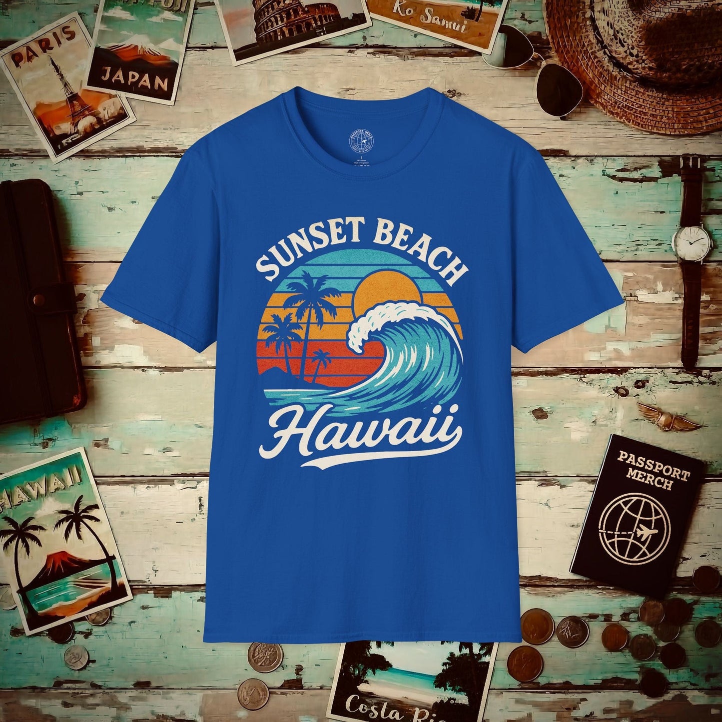 Sunset Beach, Oahu, Hawaii - Vibrant Wave Retro T-Shirt Royal / S