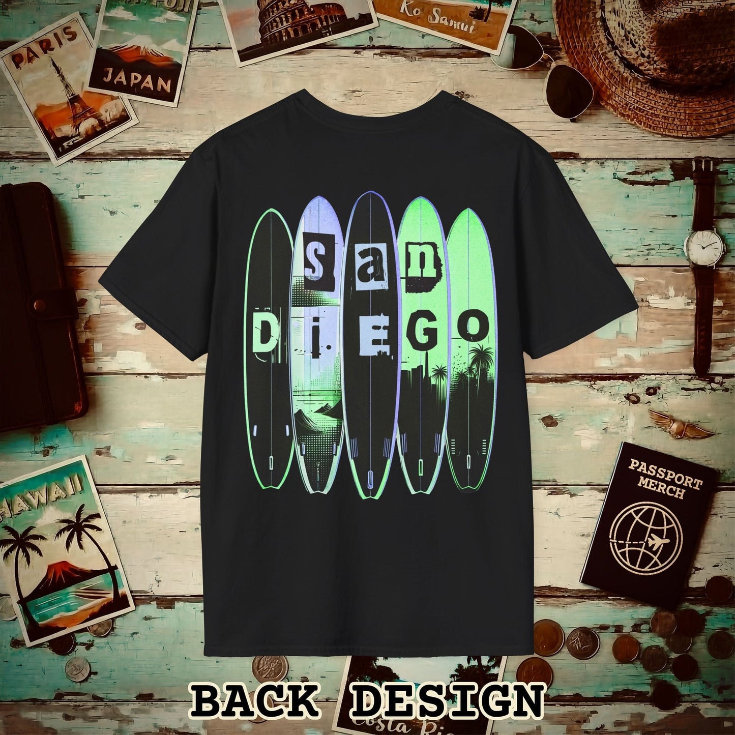 Surfboard Dreams San Diego, California, Back Print T-Shirt Black / S