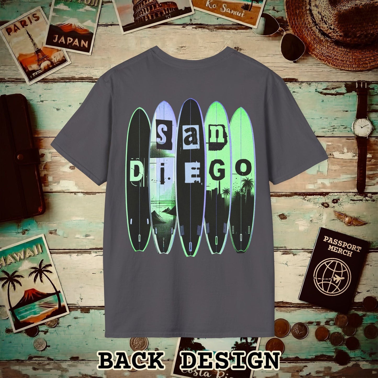 Surfboard Dreams San Diego, California, Back Print T-Shirt Charcoal / S