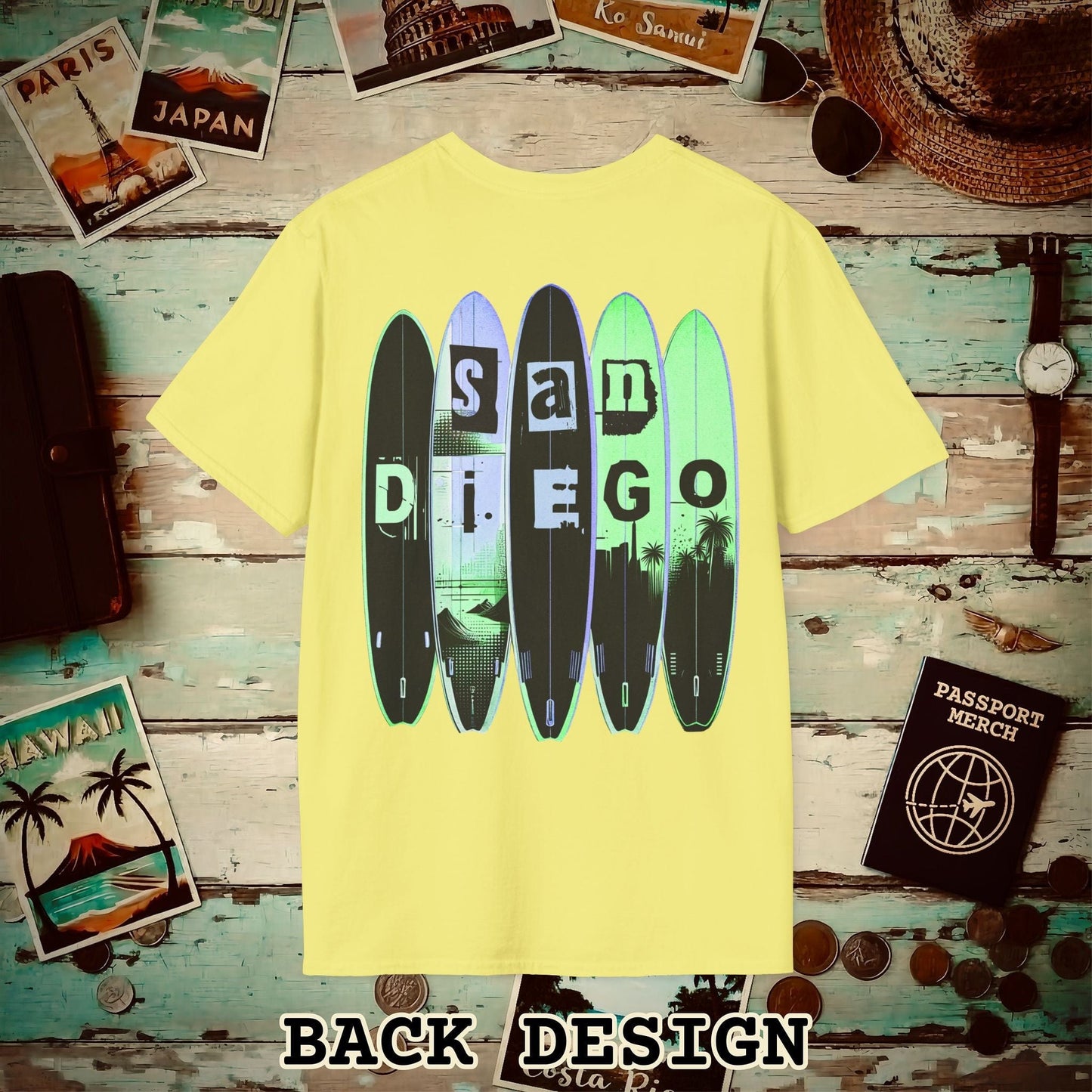 Surfboard Dreams San Diego, California, Back Print T-Shirt Cornsilk / S