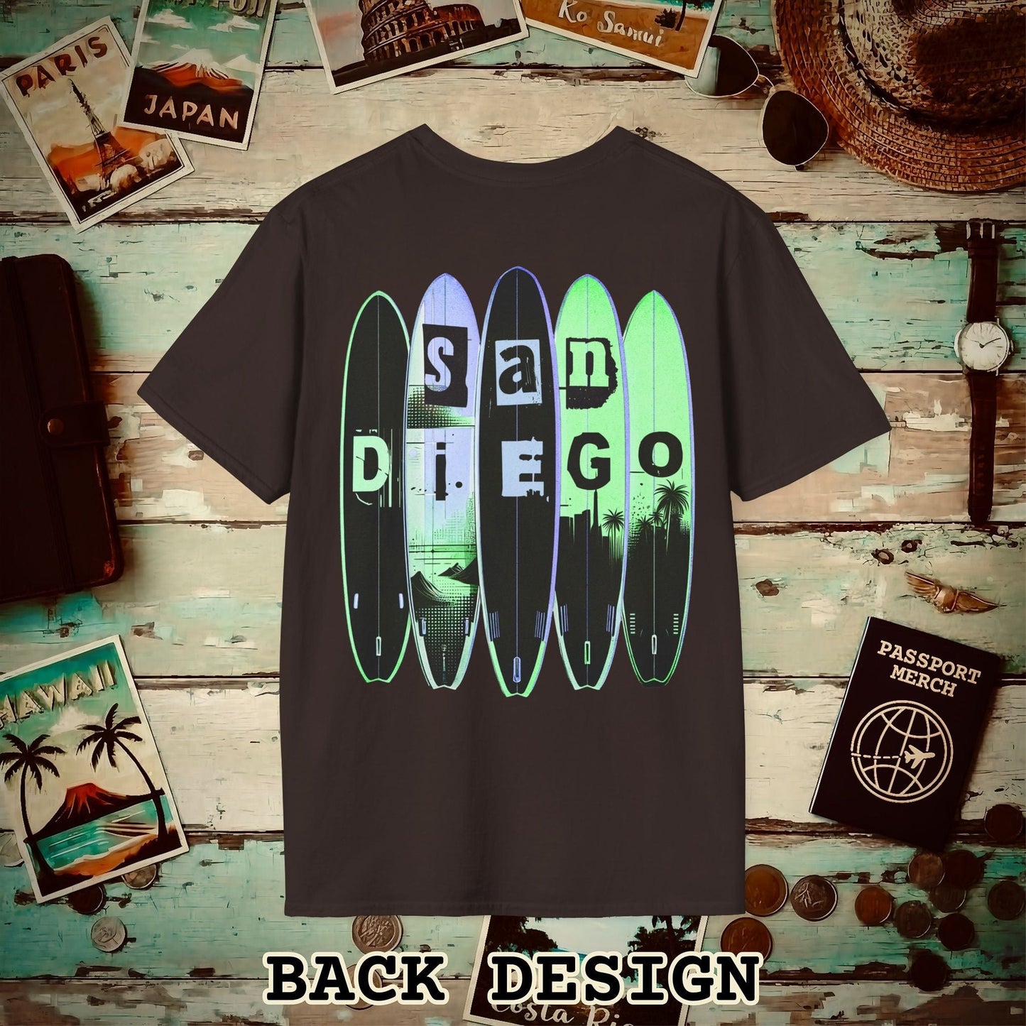 Surfboard Dreams San Diego, California, Back Print T-Shirt Dark Chocolate / S