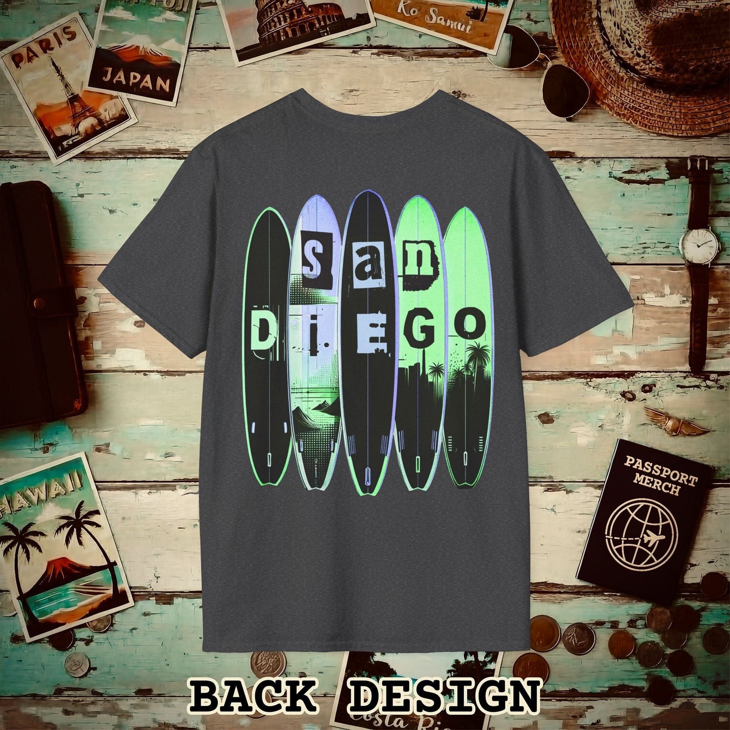 Surfboard Dreams San Diego, California, Back Print T-Shirt Dark Heather / S