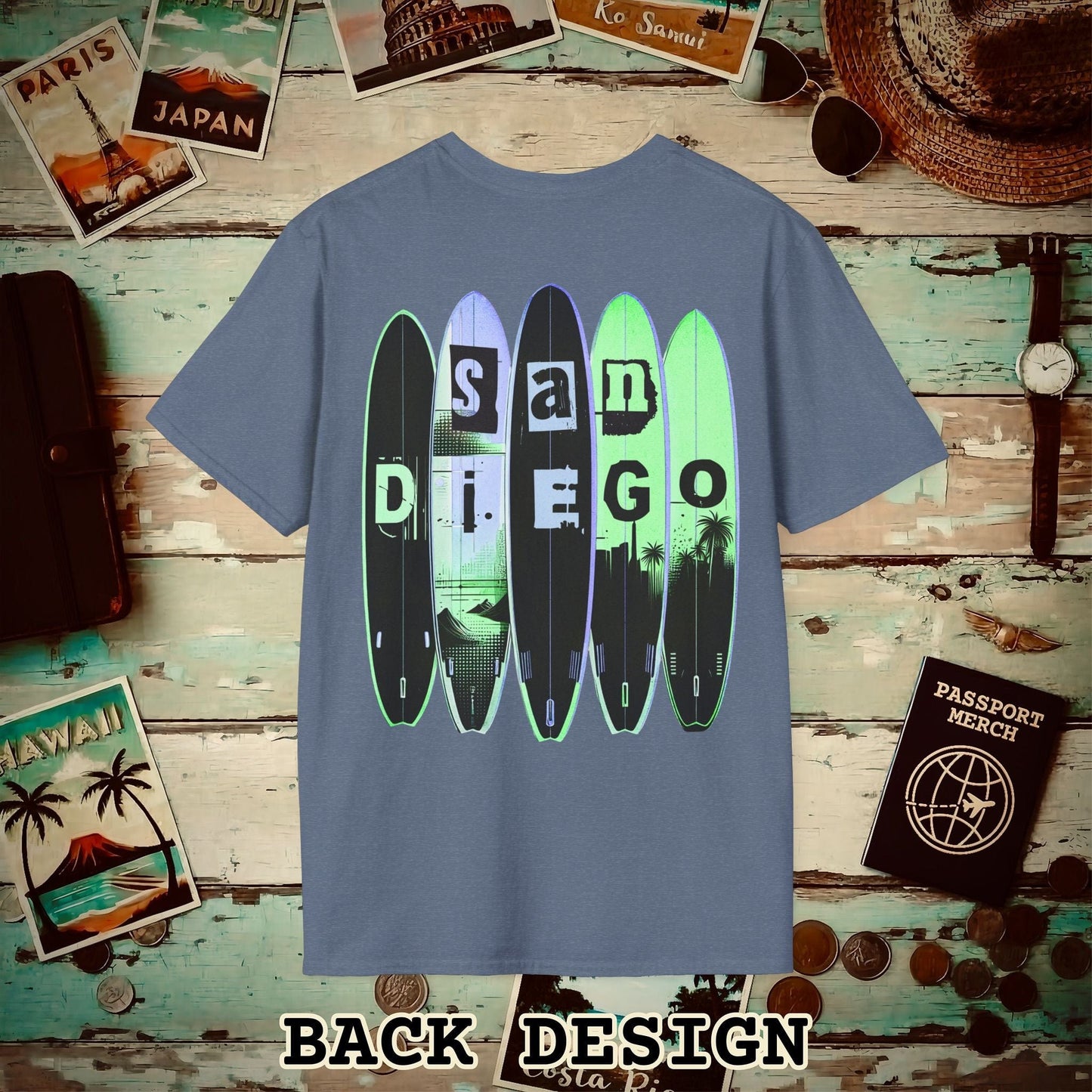 Surfboard Dreams San Diego, California, Back Print T-Shirt Heather Indigo / S