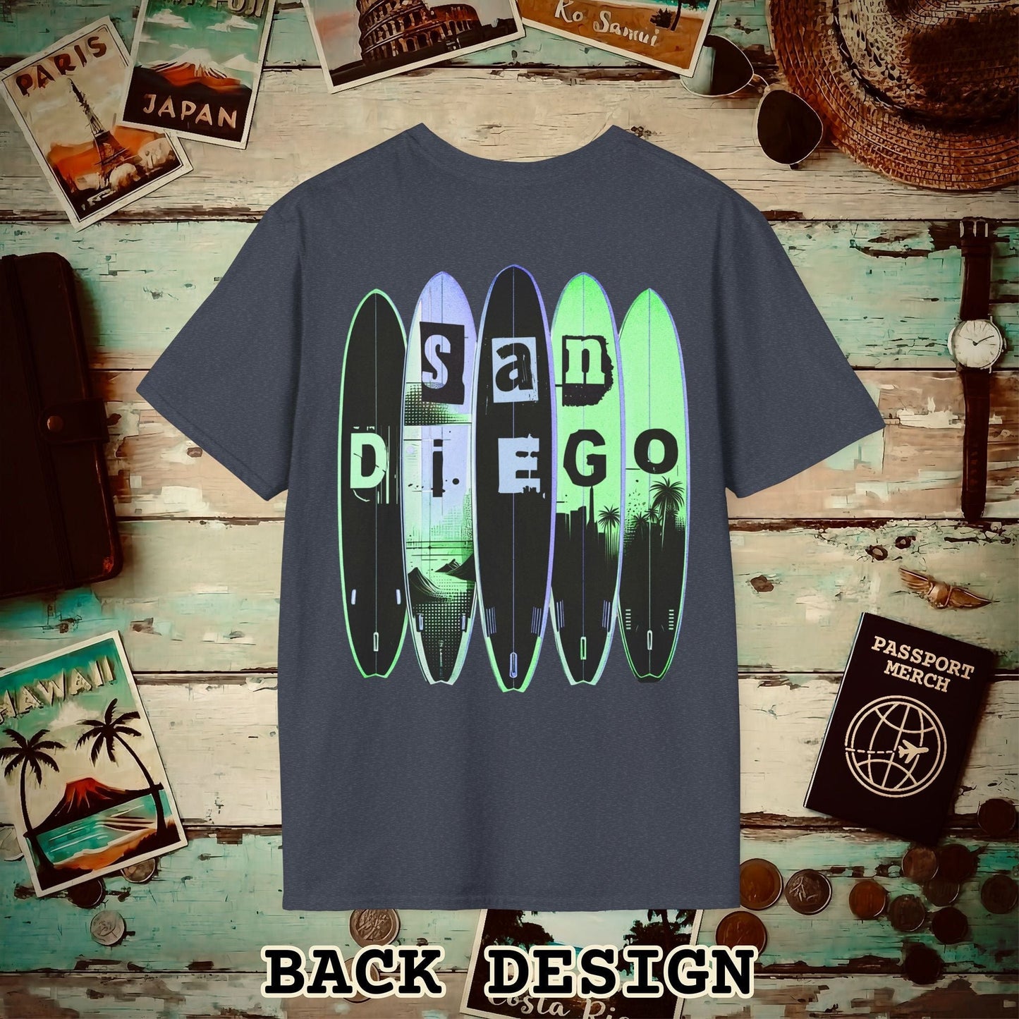 Surfboard Dreams San Diego, California, Back Print T-Shirt Heather Navy / S