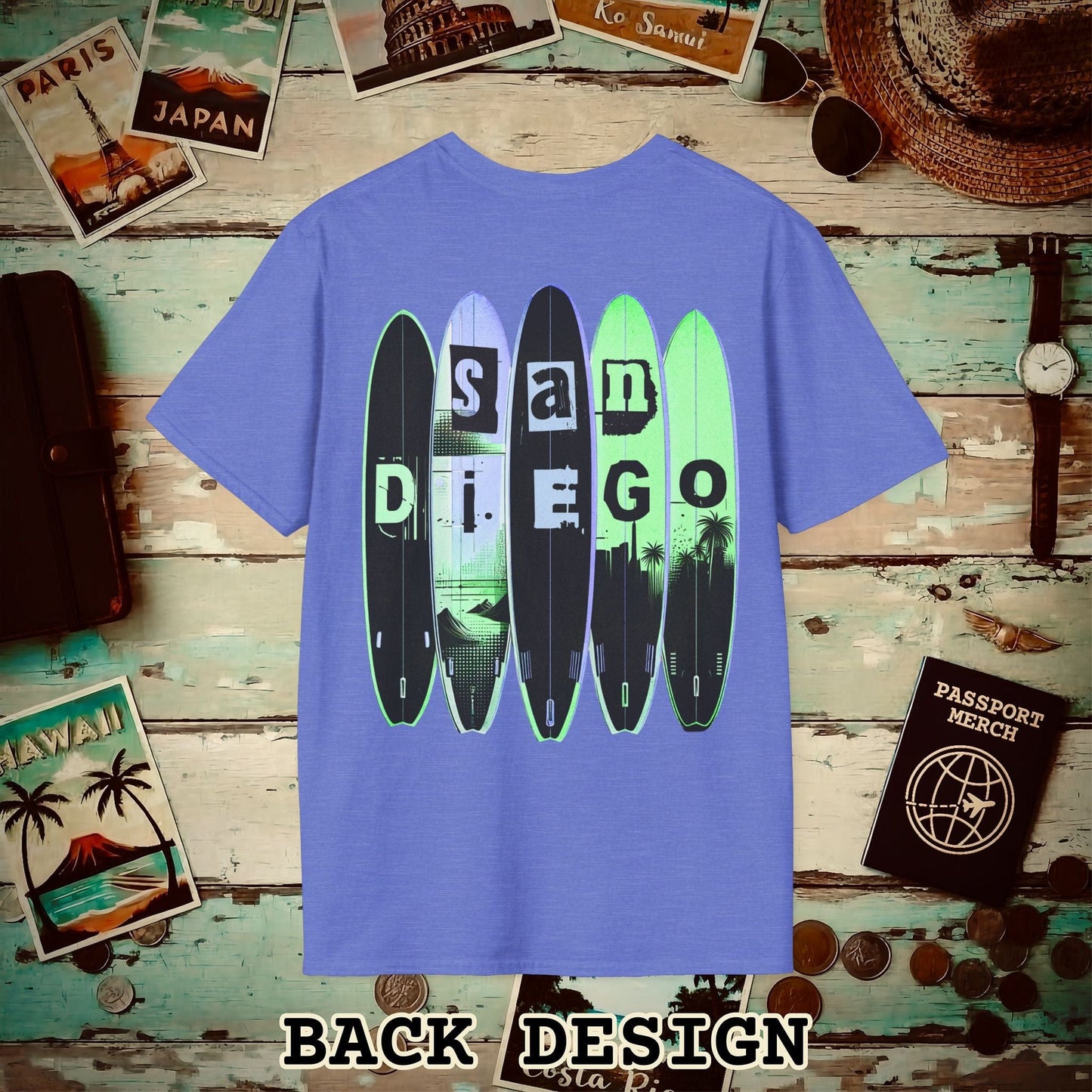 Surfboard Dreams San Diego, California, Back Print T-Shirt Heather Royal / S