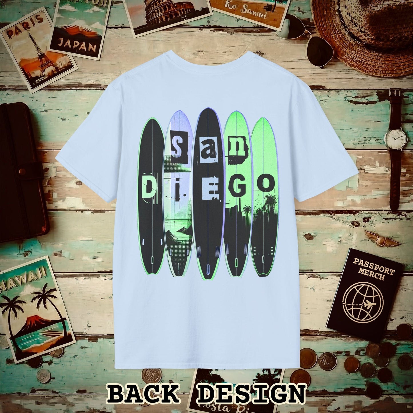 Surfboard Dreams San Diego, California, Back Print T-Shirt Light Blue / S