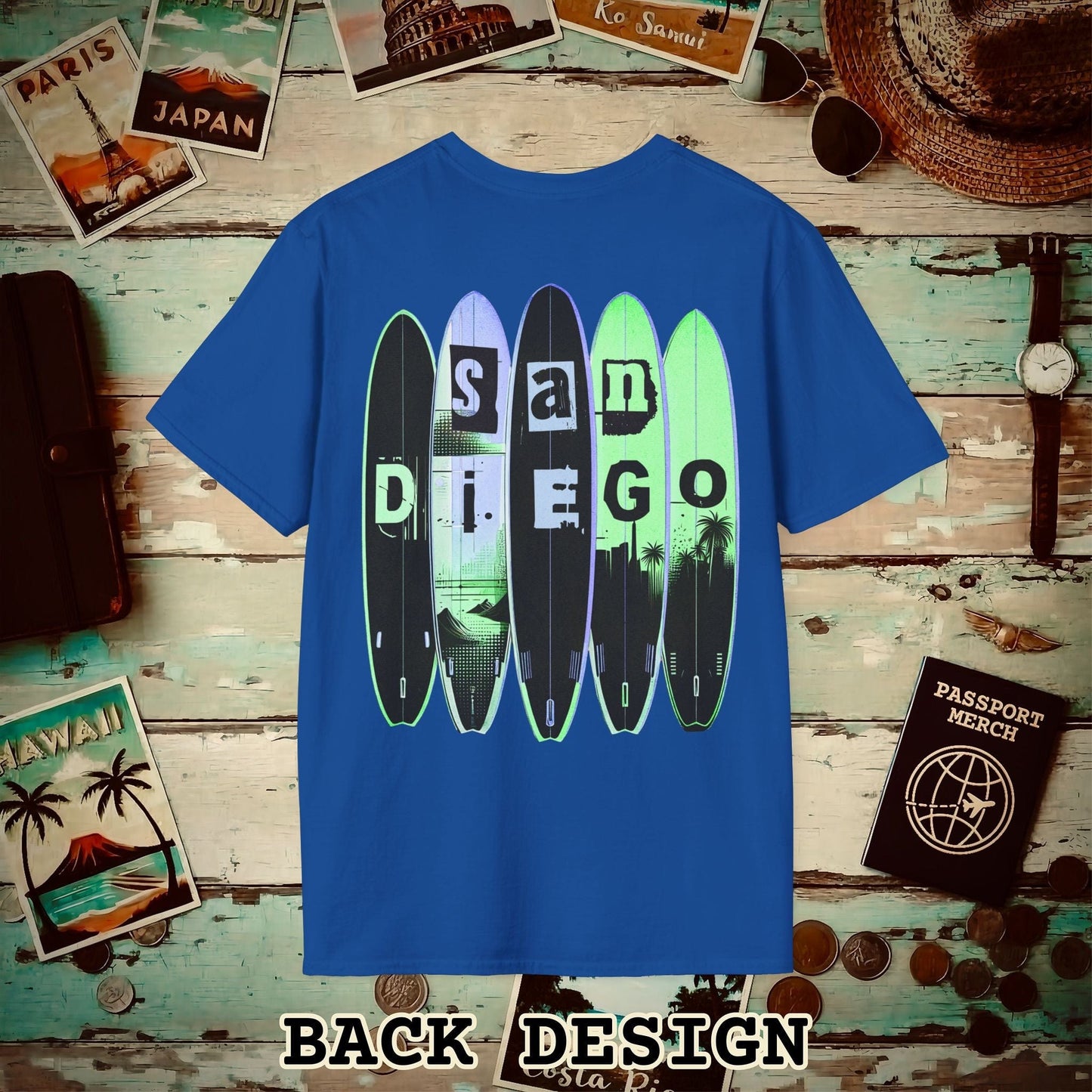 Surfboard Dreams San Diego, California, Back Print T-Shirt Royal / S