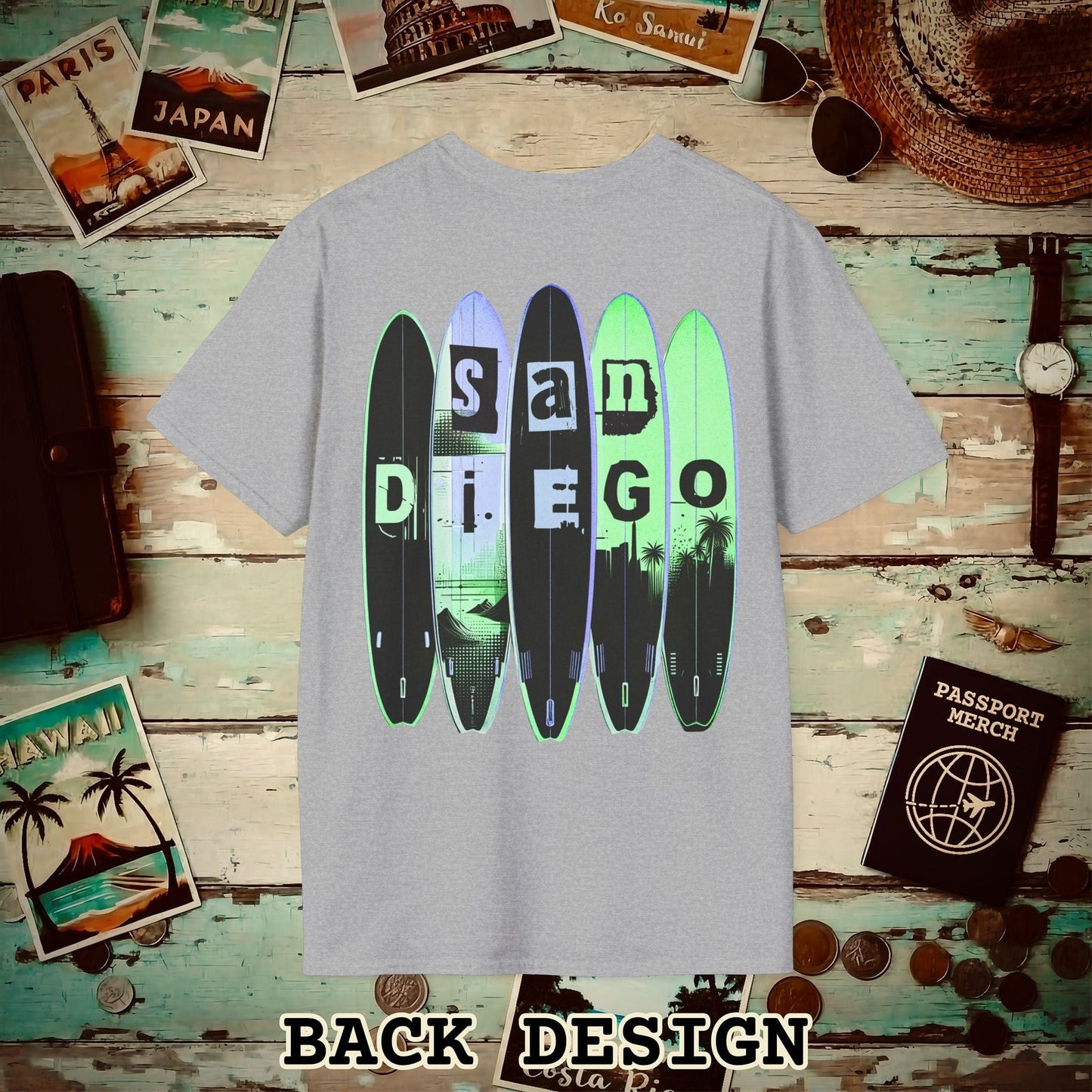 Surfboard Dreams San Diego, California, Back Print T-Shirt Sport Grey / S