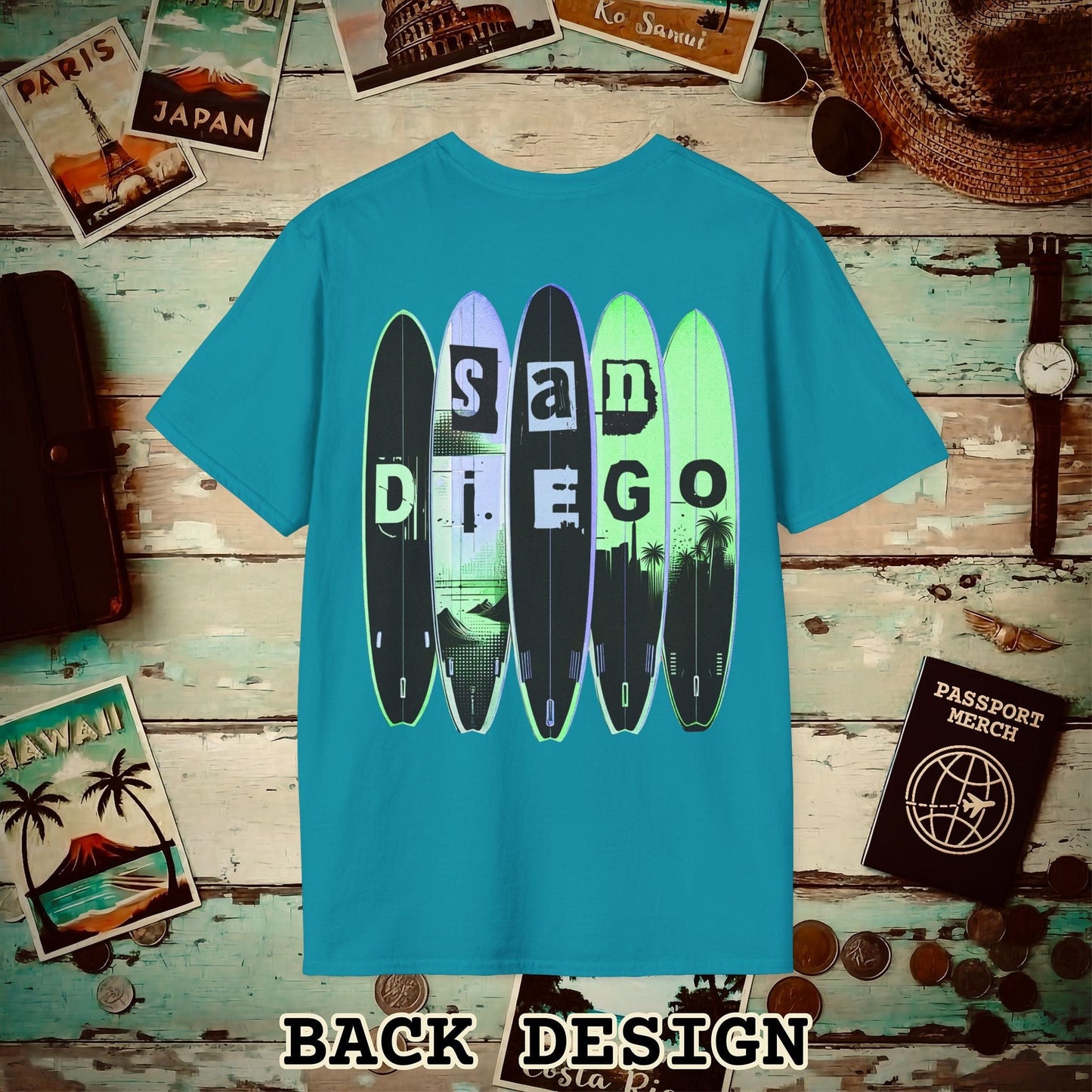 Surfboard Dreams San Diego, California, Back Print T-Shirt Tropical Blue / S