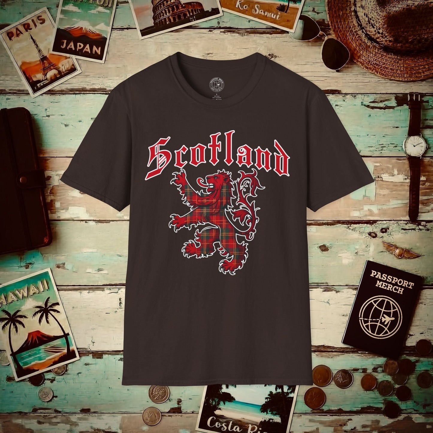 Tartan Lion Rampant, Scotland, UK T-Shirt Dark Chocolate / S