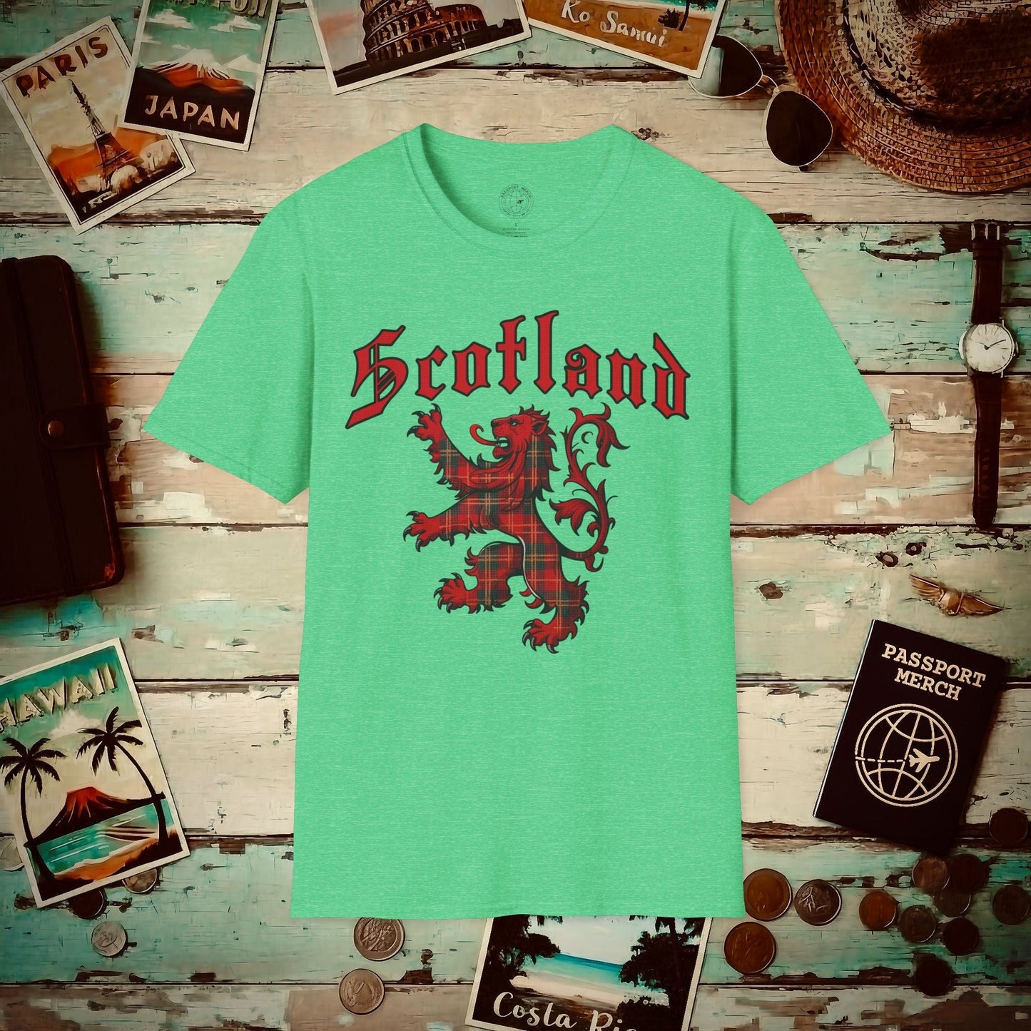 Tartan Lion Rampant, Scotland, UK T-Shirt Heather Irish Green / S