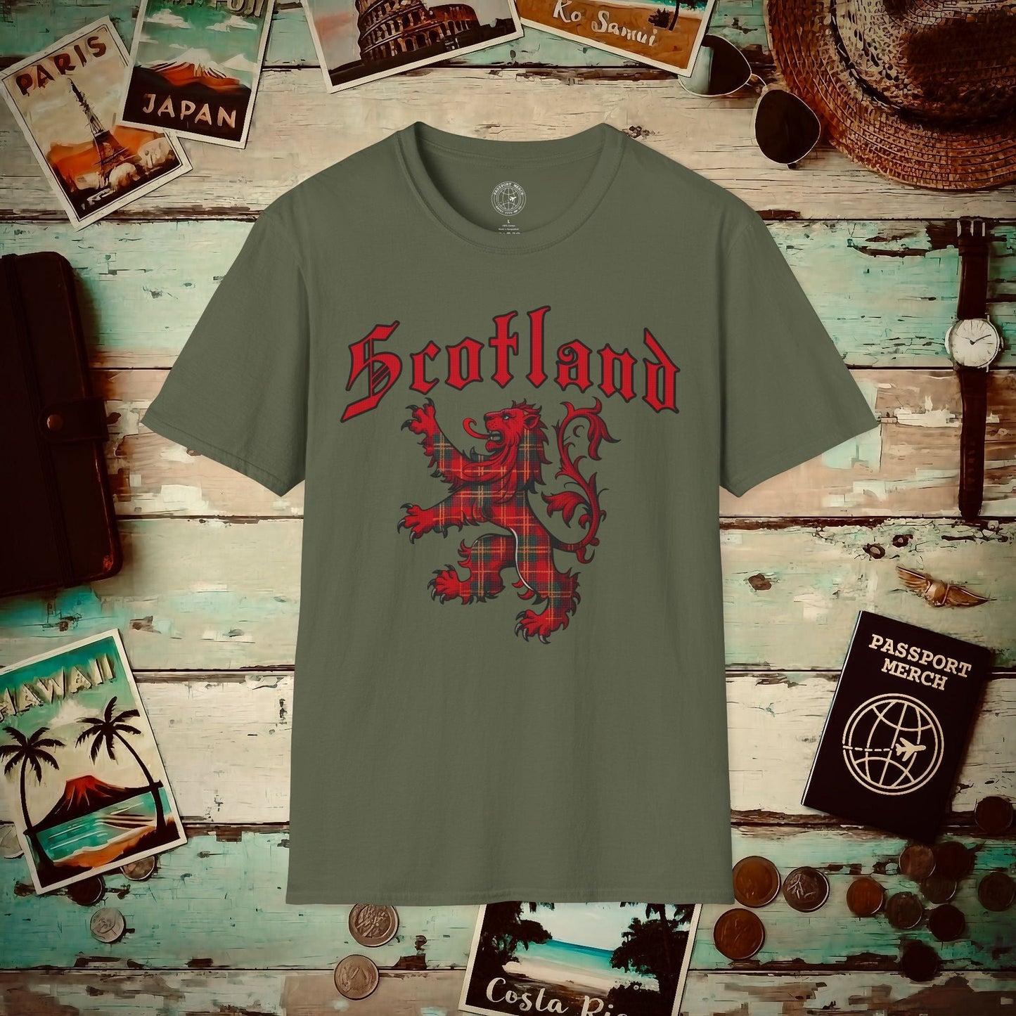 Tartan Lion Rampant, Scotland, UK T-Shirt Military Green / S