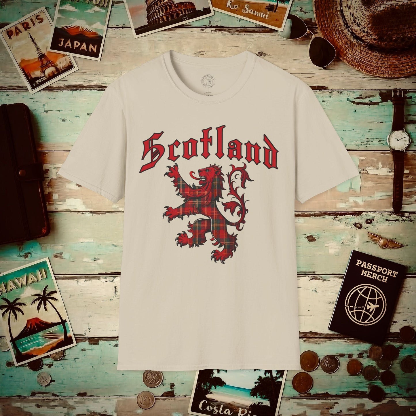 Tartan Lion Rampant, Scotland, UK T-Shirt Sand / S