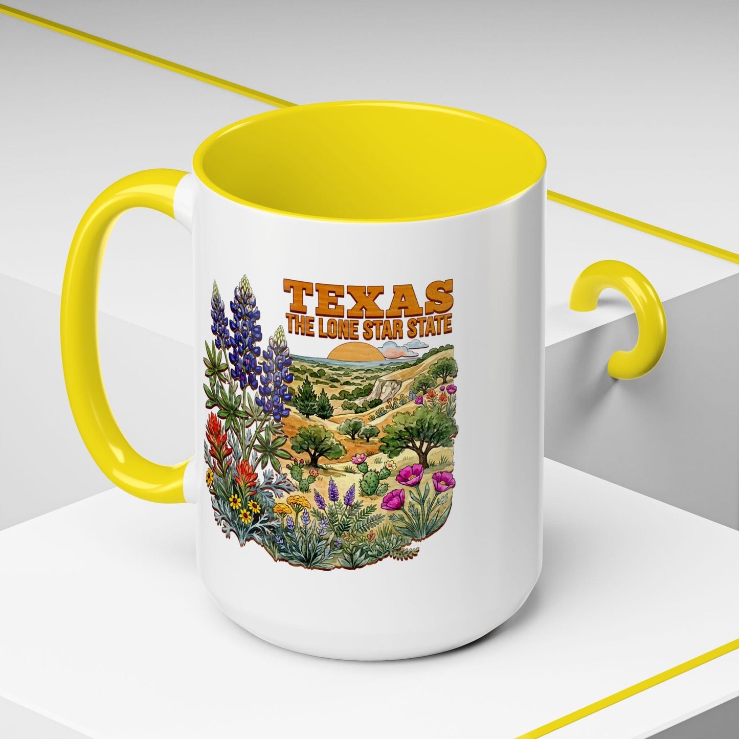 Texas Flowers in Watercolored Oak 15oz Mug Yellow / 15oz
