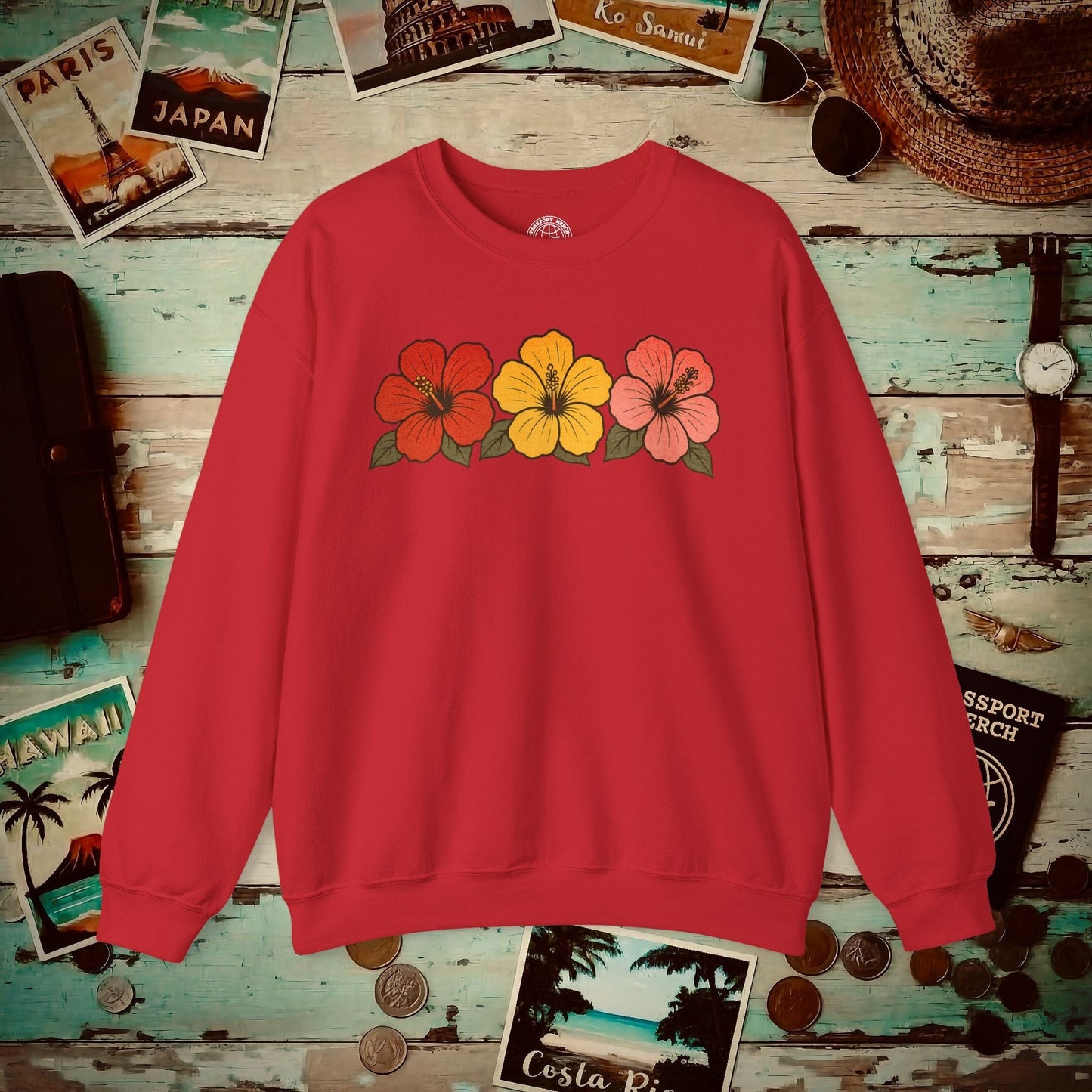 Three Vintage Hibiscus, Hawaii Crewneck Red / S