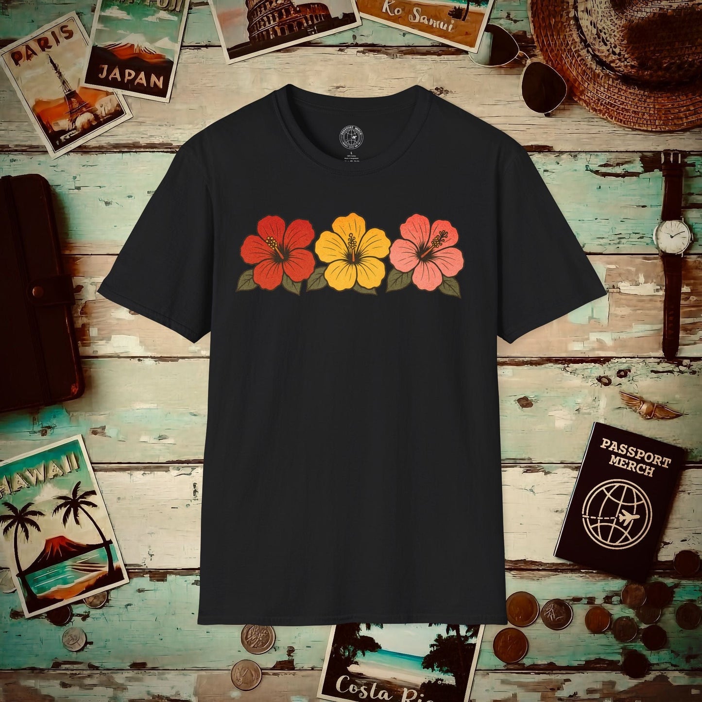 Three Vintage Hibiscus, Hawaii T-Shirt Black / S