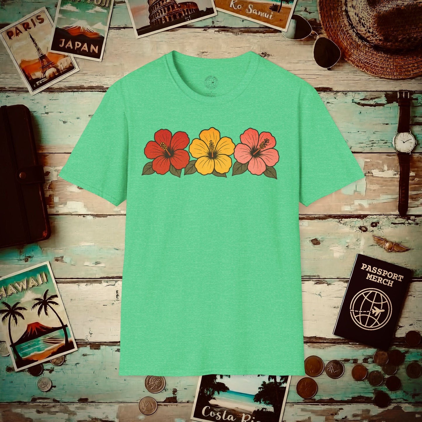 Three Vintage Hibiscus, Hawaii T-Shirt Heather Irish Green / S