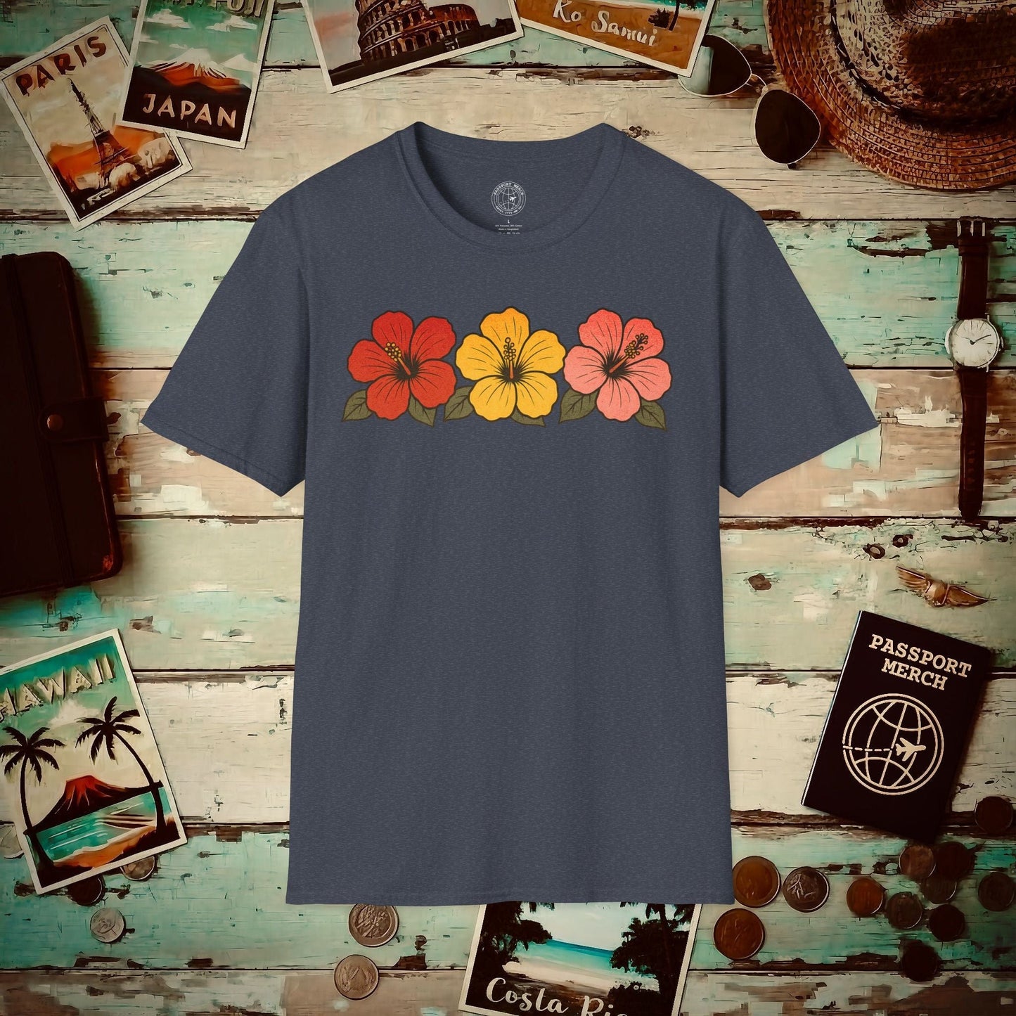 Three Vintage Hibiscus, Hawaii T-Shirt Heather Navy / S