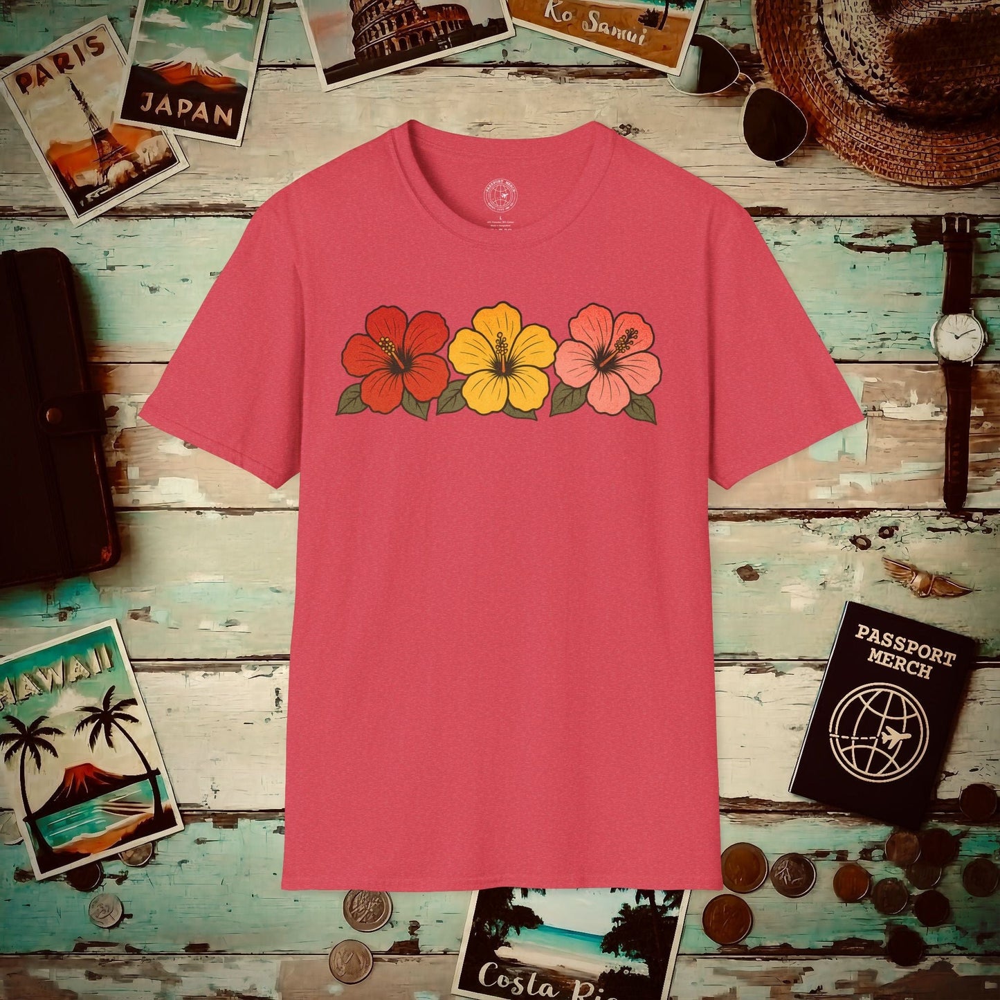 Three Vintage Hibiscus, Hawaii T-Shirt Heather Red / S
