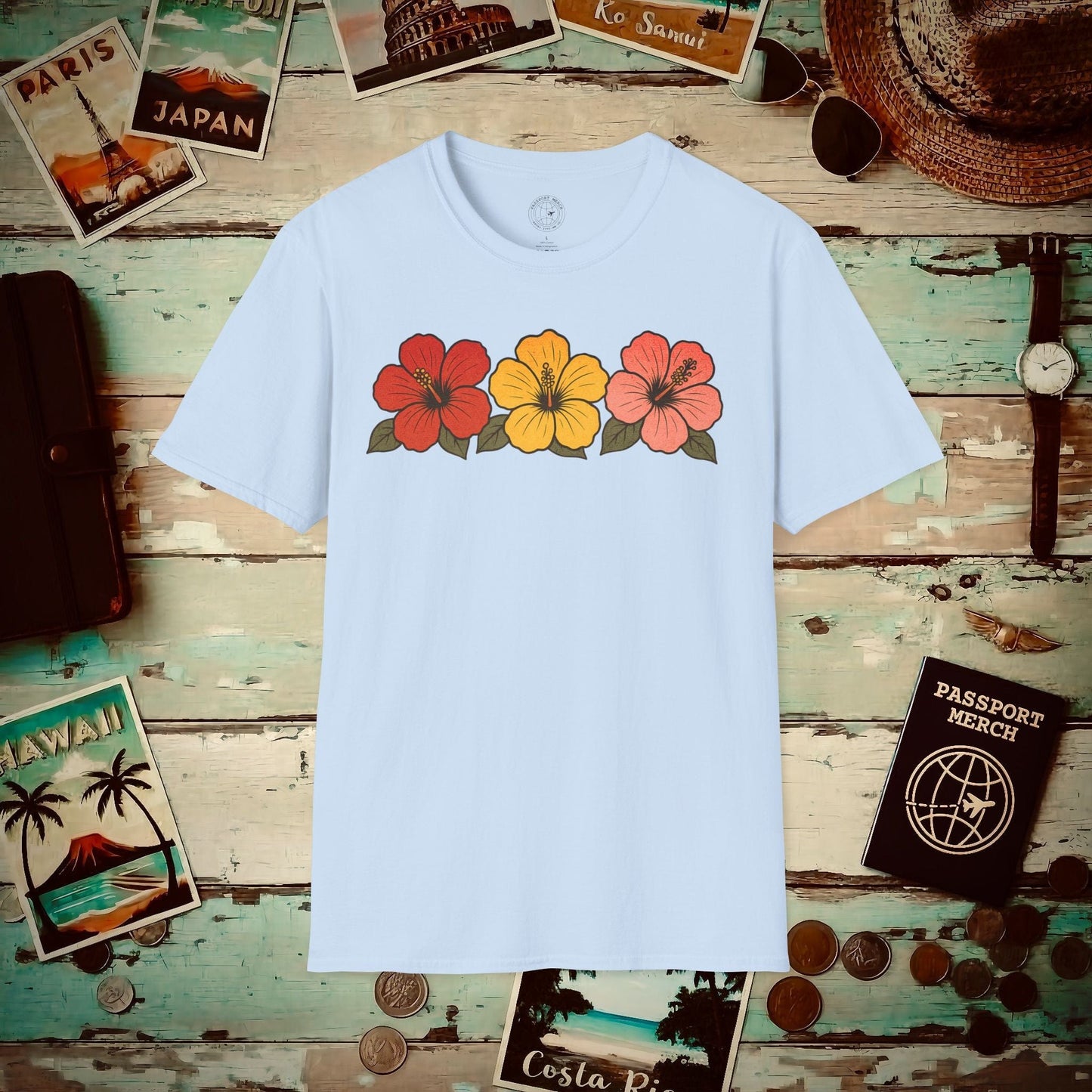 Three Vintage Hibiscus, Hawaii T-Shirt Light Blue / S