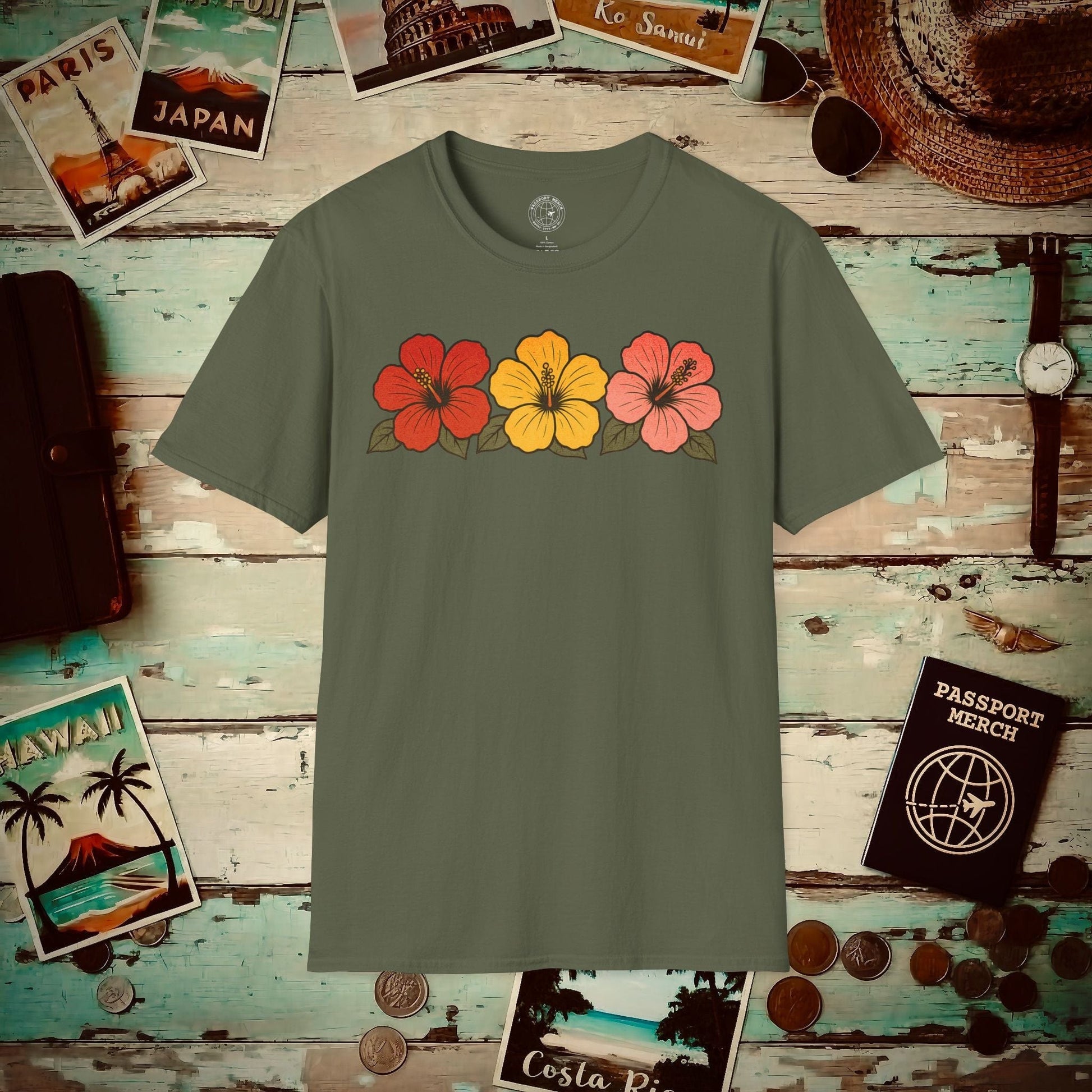 Three Vintage Hibiscus, Hawaii T-Shirt Military Green / S