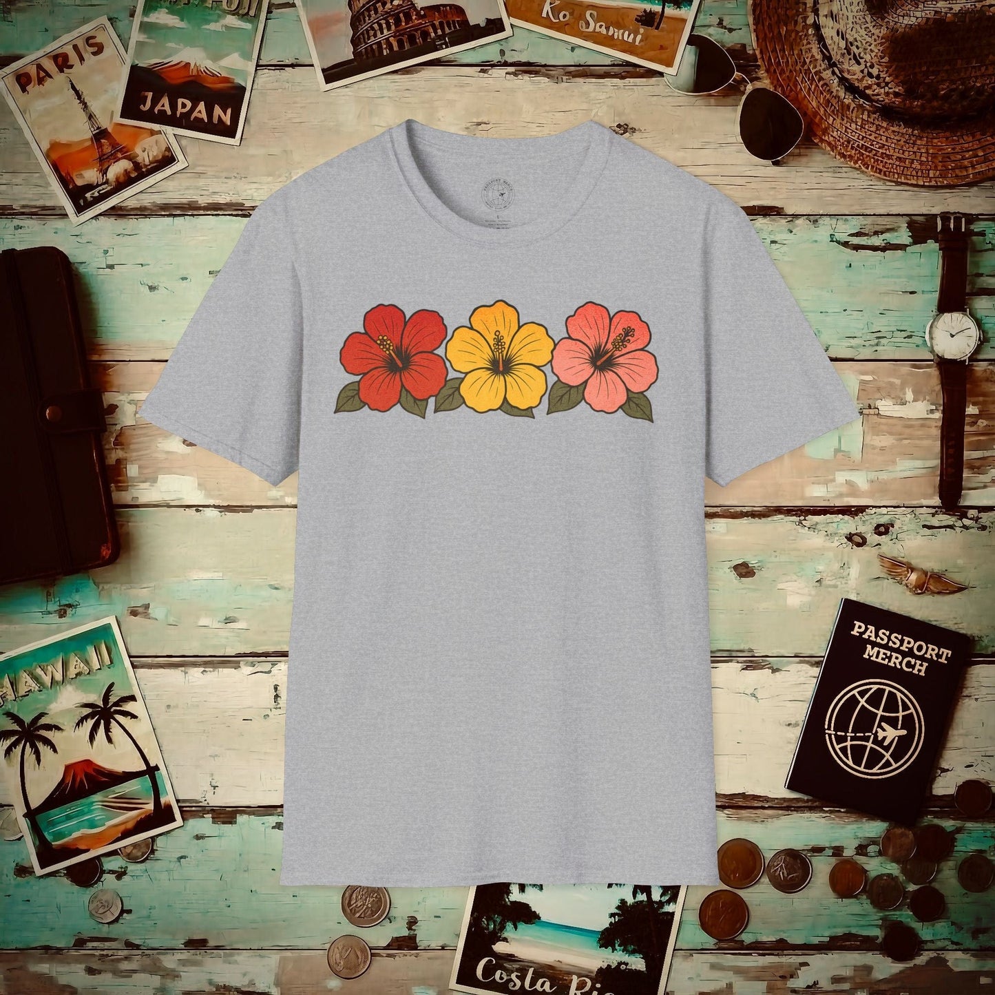 Three Vintage Hibiscus, Hawaii T-Shirt Sport Grey / S