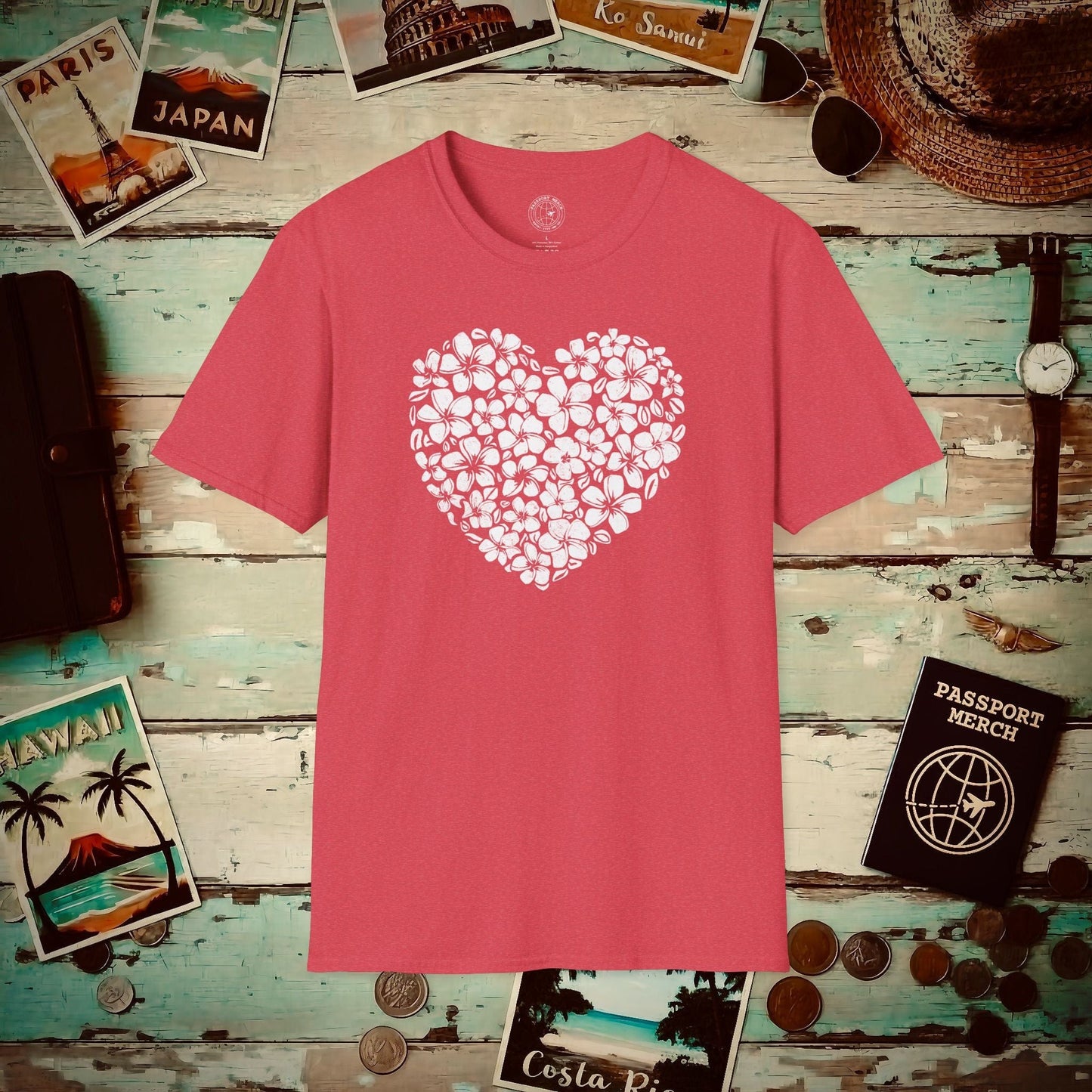 Valentine's Hawaiian Plumeria Heart T-Shirt Heather Red / S