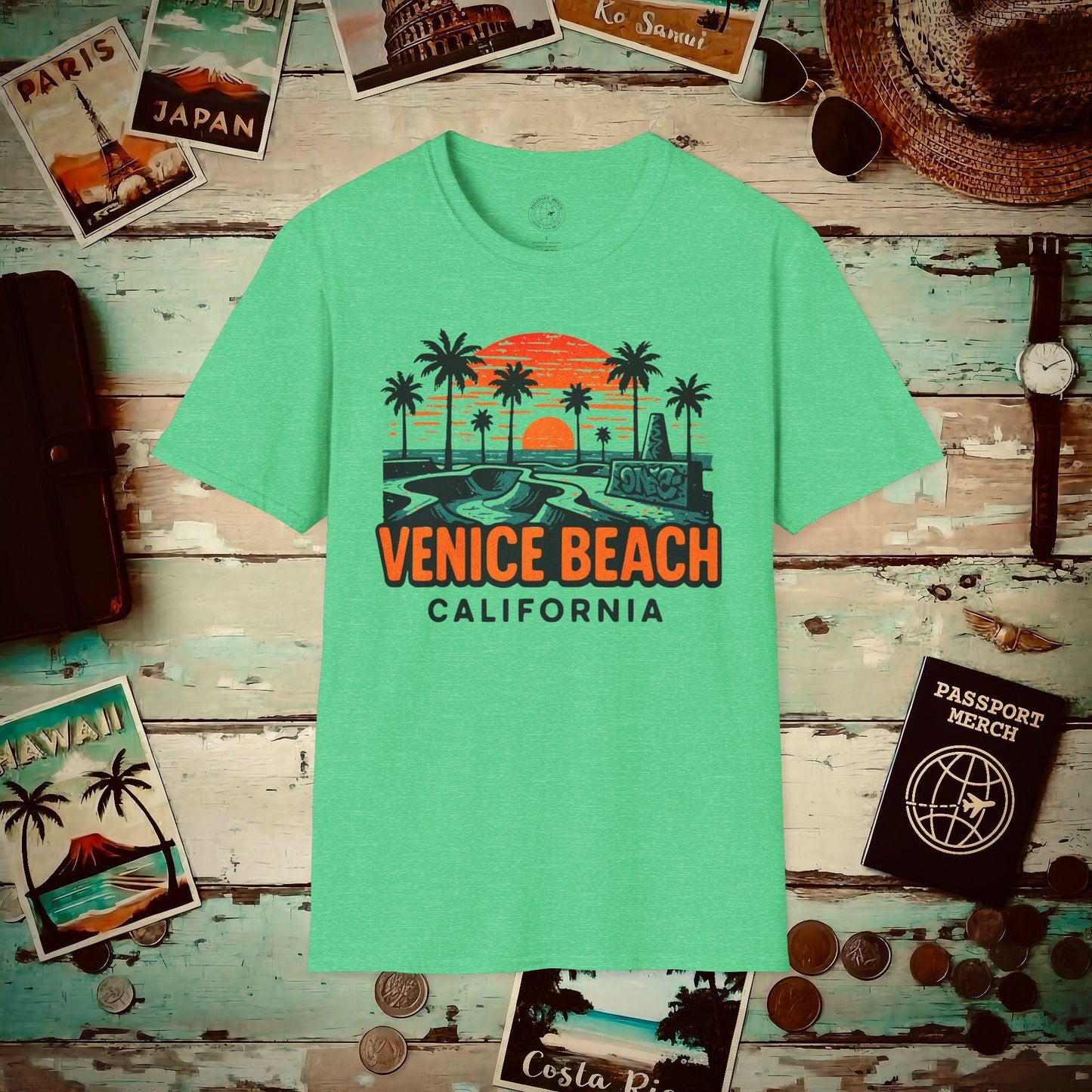 Venice Beach, California - 80's Vintage T-Shirt Heather Irish Green / S