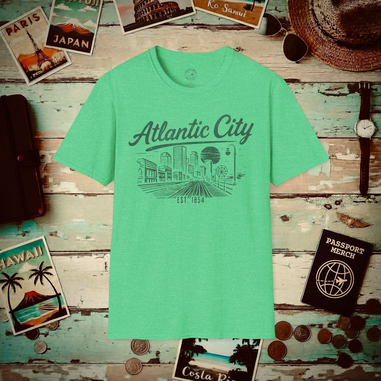 Vintage Atlantic City Monochrome, New Jersey T-Shirt Heather Irish Green / S