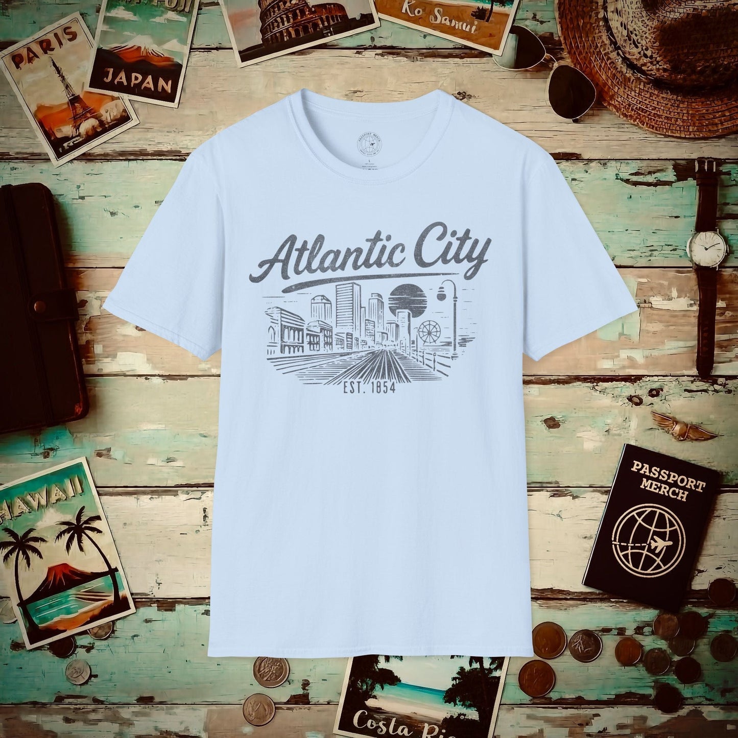 Vintage Atlantic City Monochrome, New Jersey T-Shirt Light Blue / S
