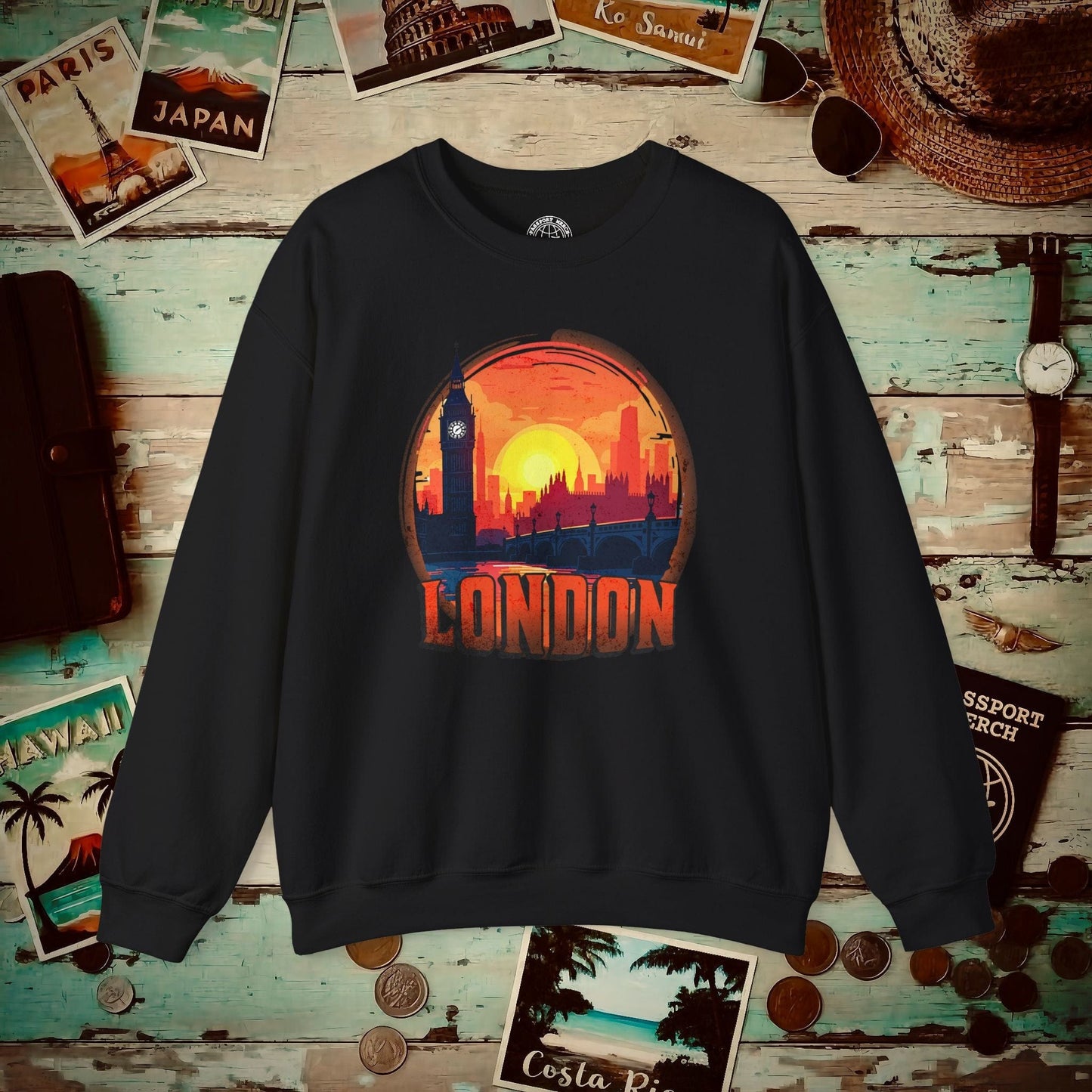 Vintage Big Ben Sunset, London, England Crewneck Black / S