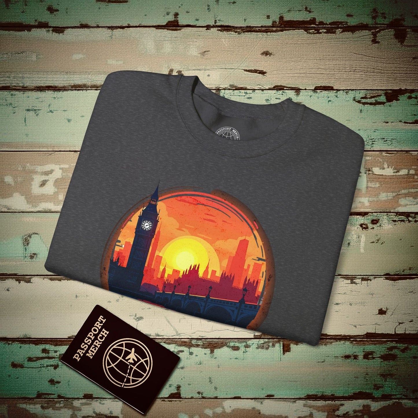 Vintage Big Ben Sunset, London, England Crewneck Dark Heather / S