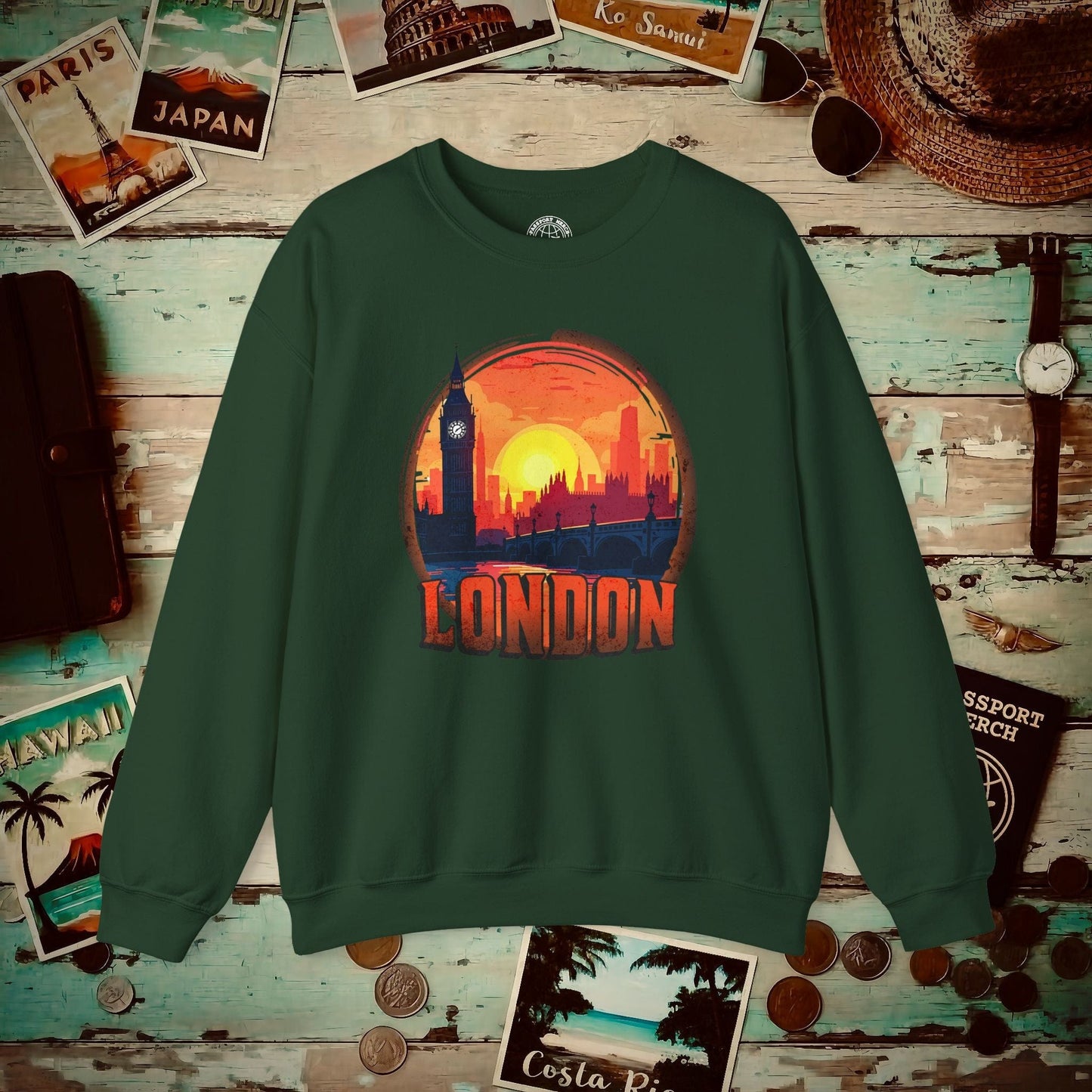 Vintage Big Ben Sunset, London, England Crewneck Forest Green / S
