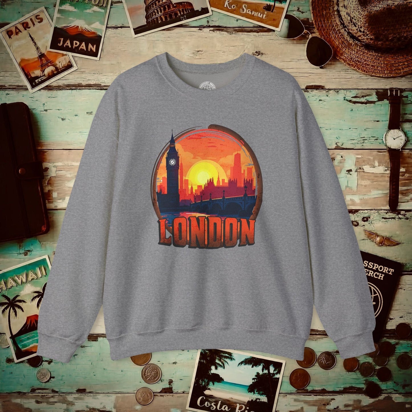 Vintage Big Ben Sunset, London, England Crewneck Graphite Heather / S