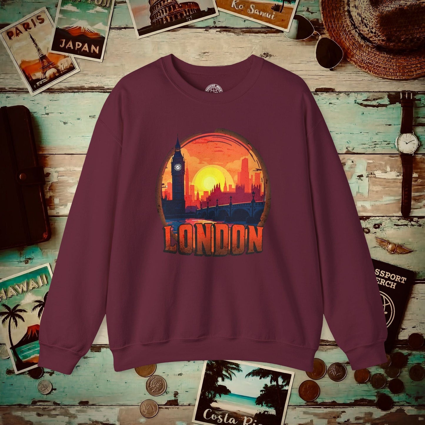 Vintage Big Ben Sunset, London, England Crewneck Maroon / S