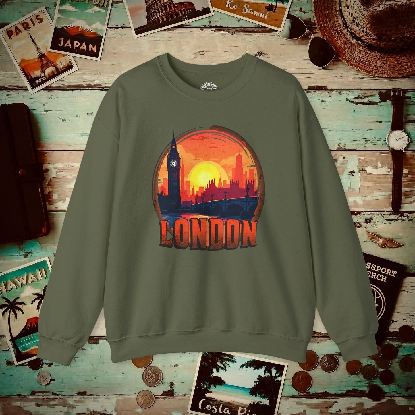 Vintage Big Ben Sunset, London, England Crewneck Military Green / S